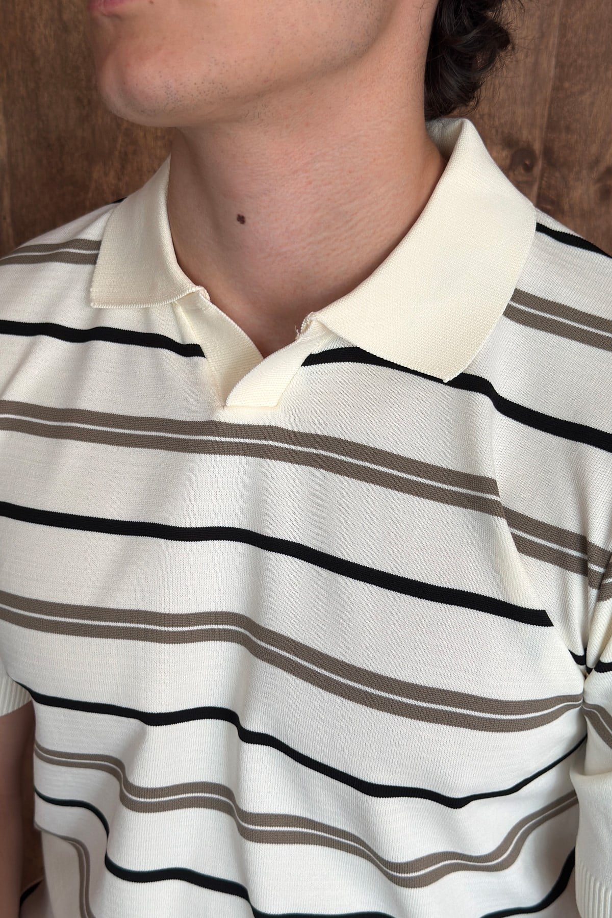 Erkek Polo Yaka Çizgili Triko T-shirt Ekru