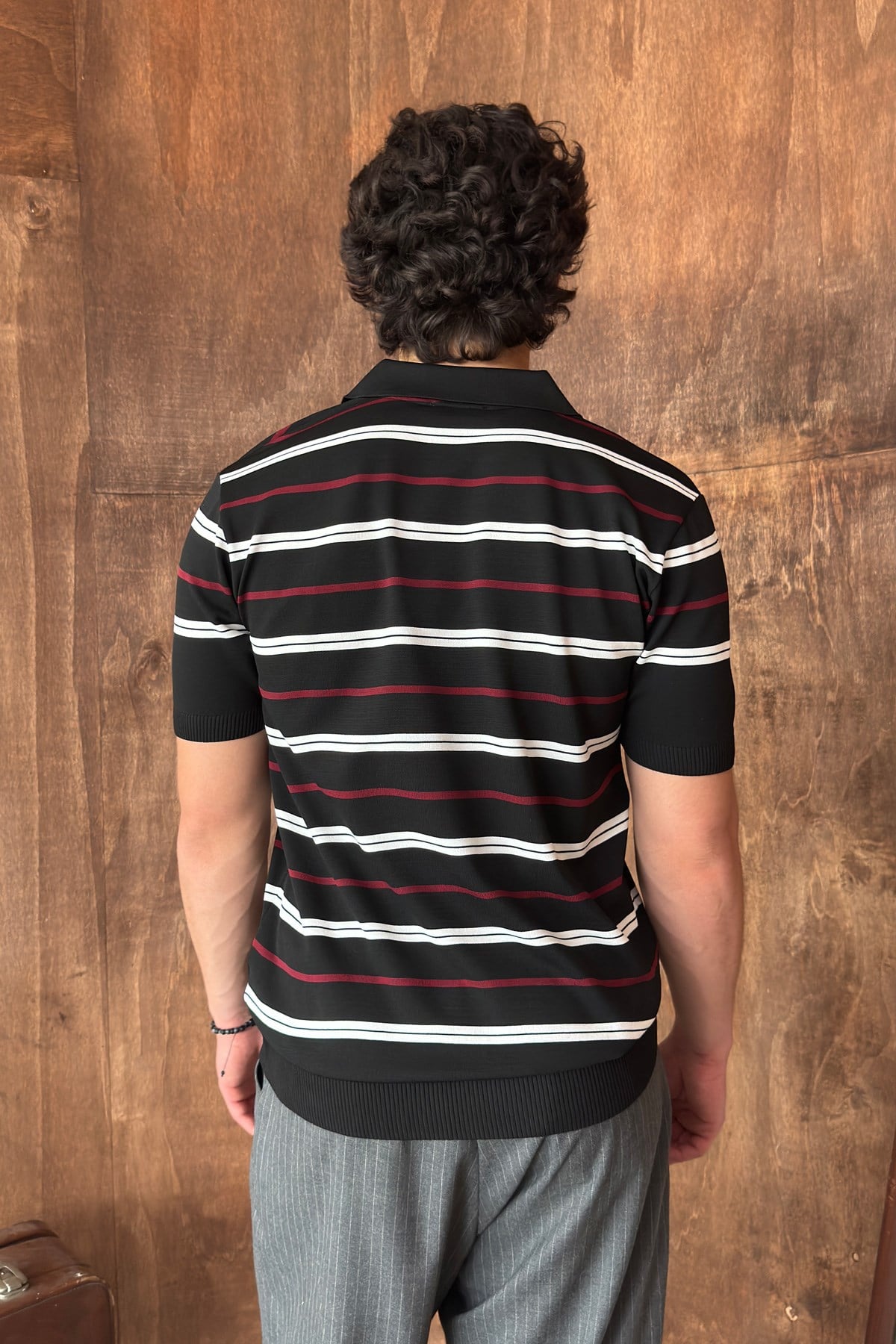Erkek Polo Yaka Çizgili Triko T-shirt Siyah