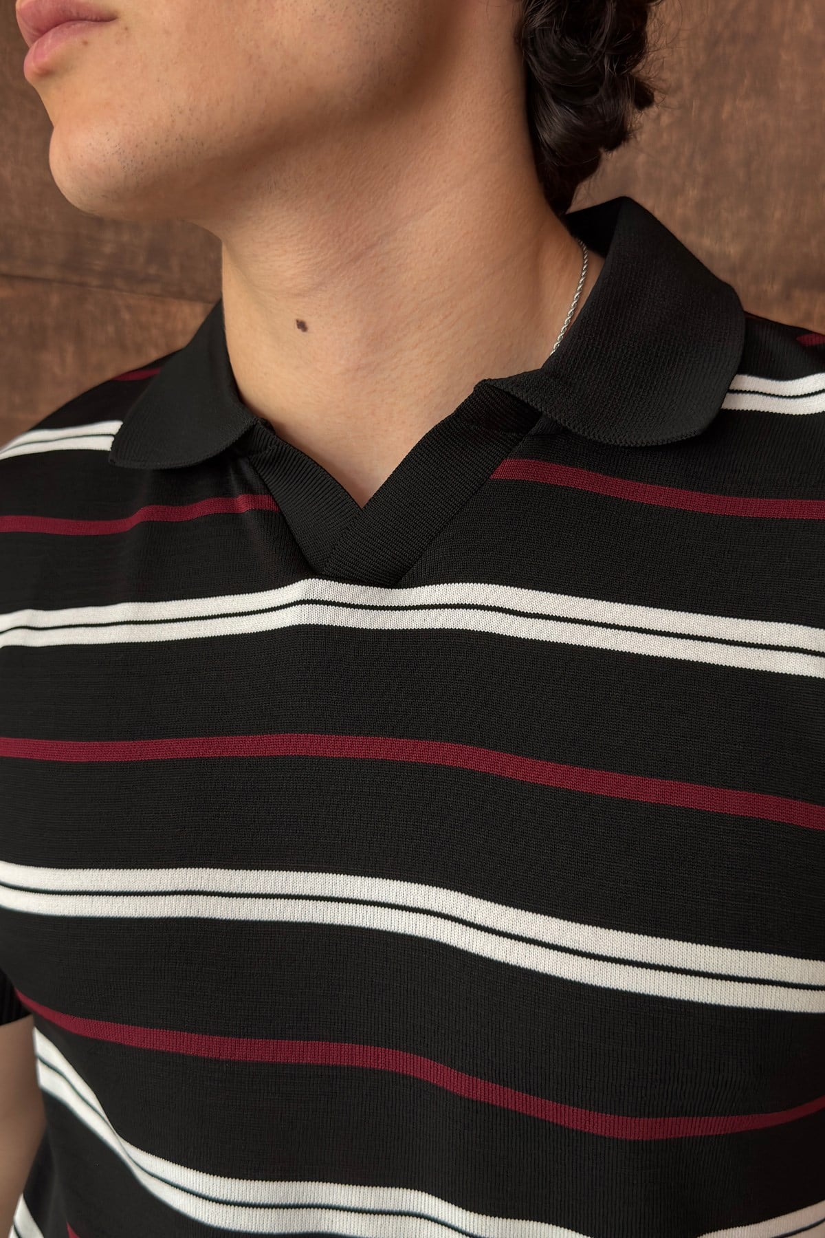 Erkek Polo Yaka Çizgili Triko T-shirt Siyah