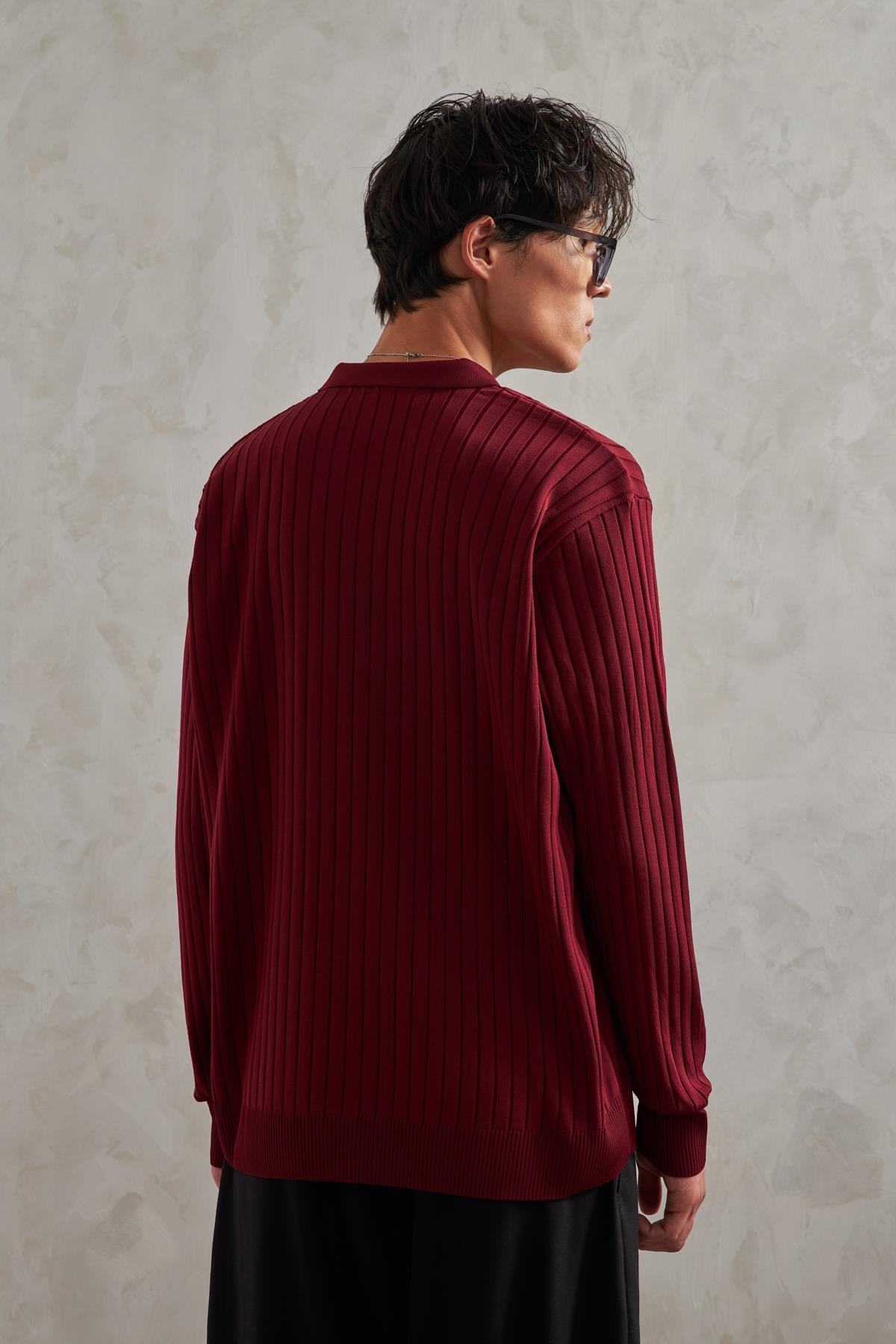 Erkek Polo Yaka Fitilli Oversize Triko Kazak Bordo