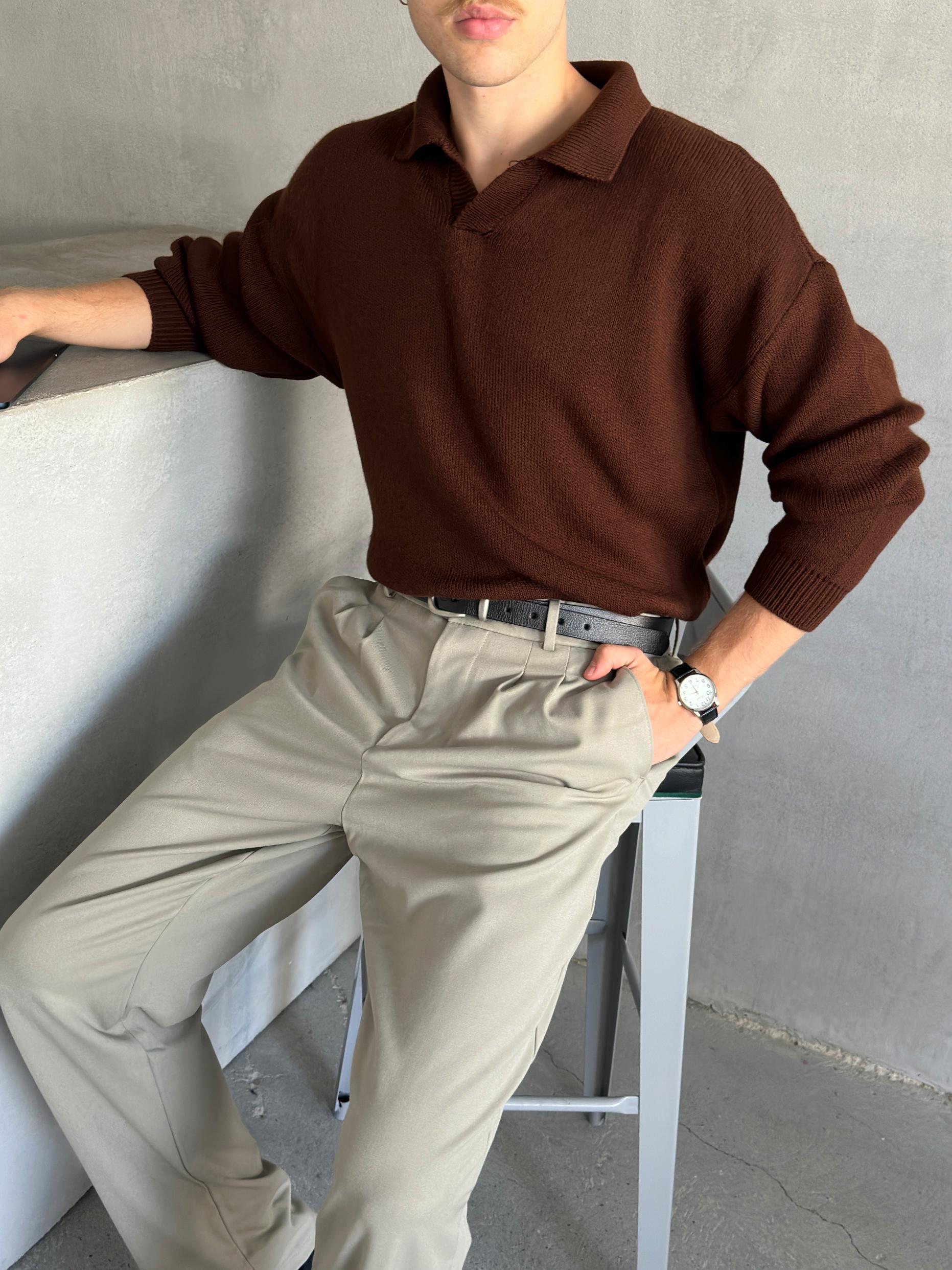 Erkek Polo Yaka Örme Oversize Kazak Kahverengi