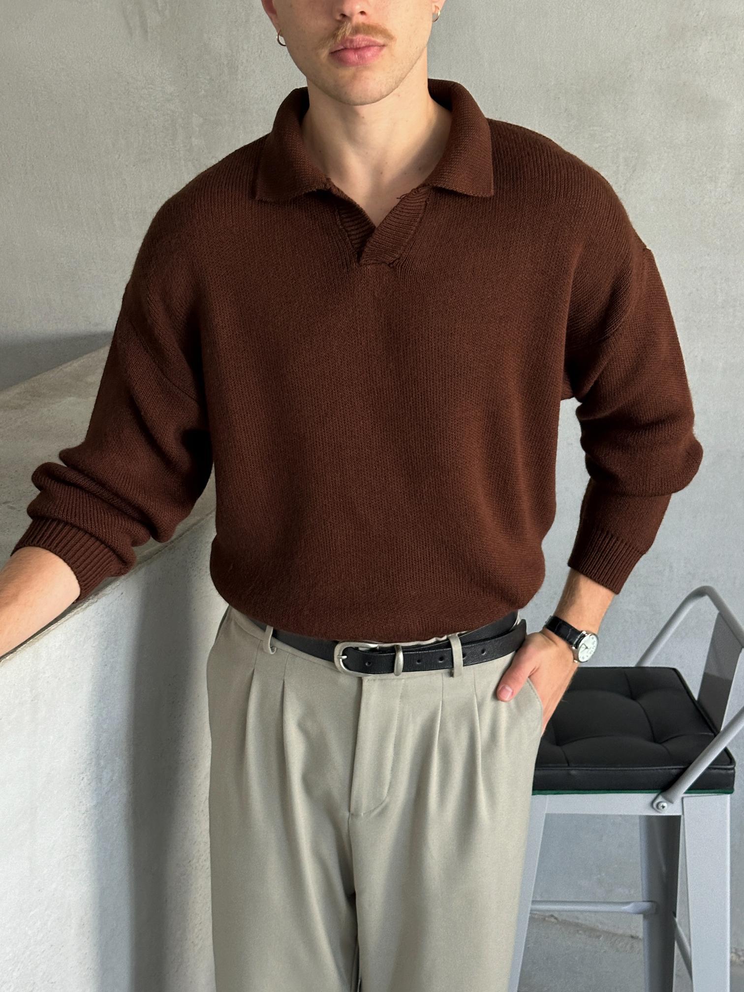 Erkek Polo Yaka Örme Oversize Kazak Kahverengi