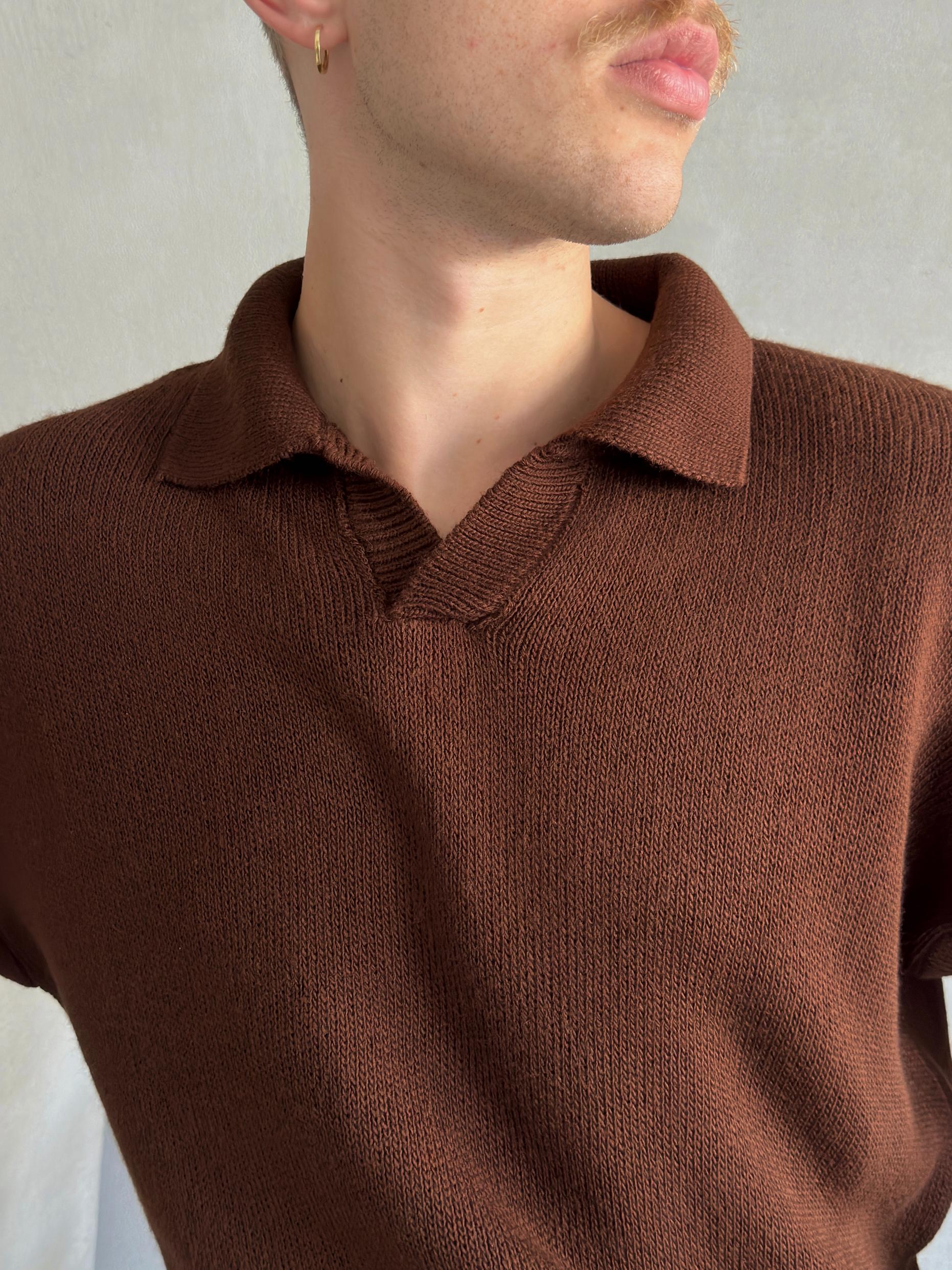 Erkek Polo Yaka Örme Oversize Kazak Kahverengi