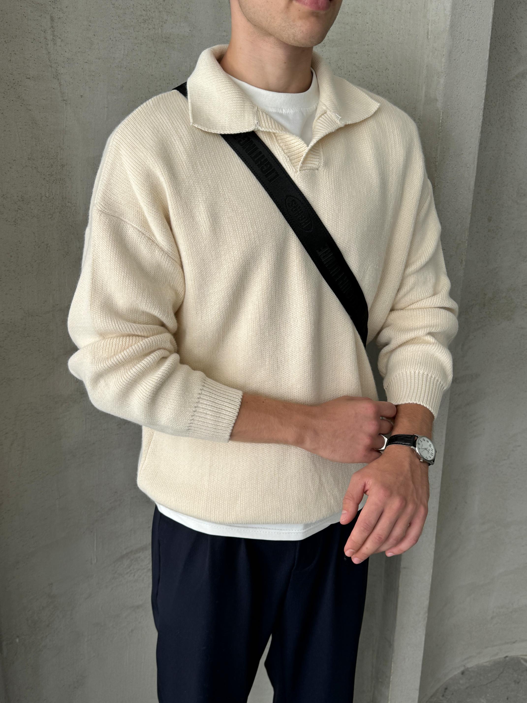 Erkek Polo Yaka Örme Oversize Kazak Krem