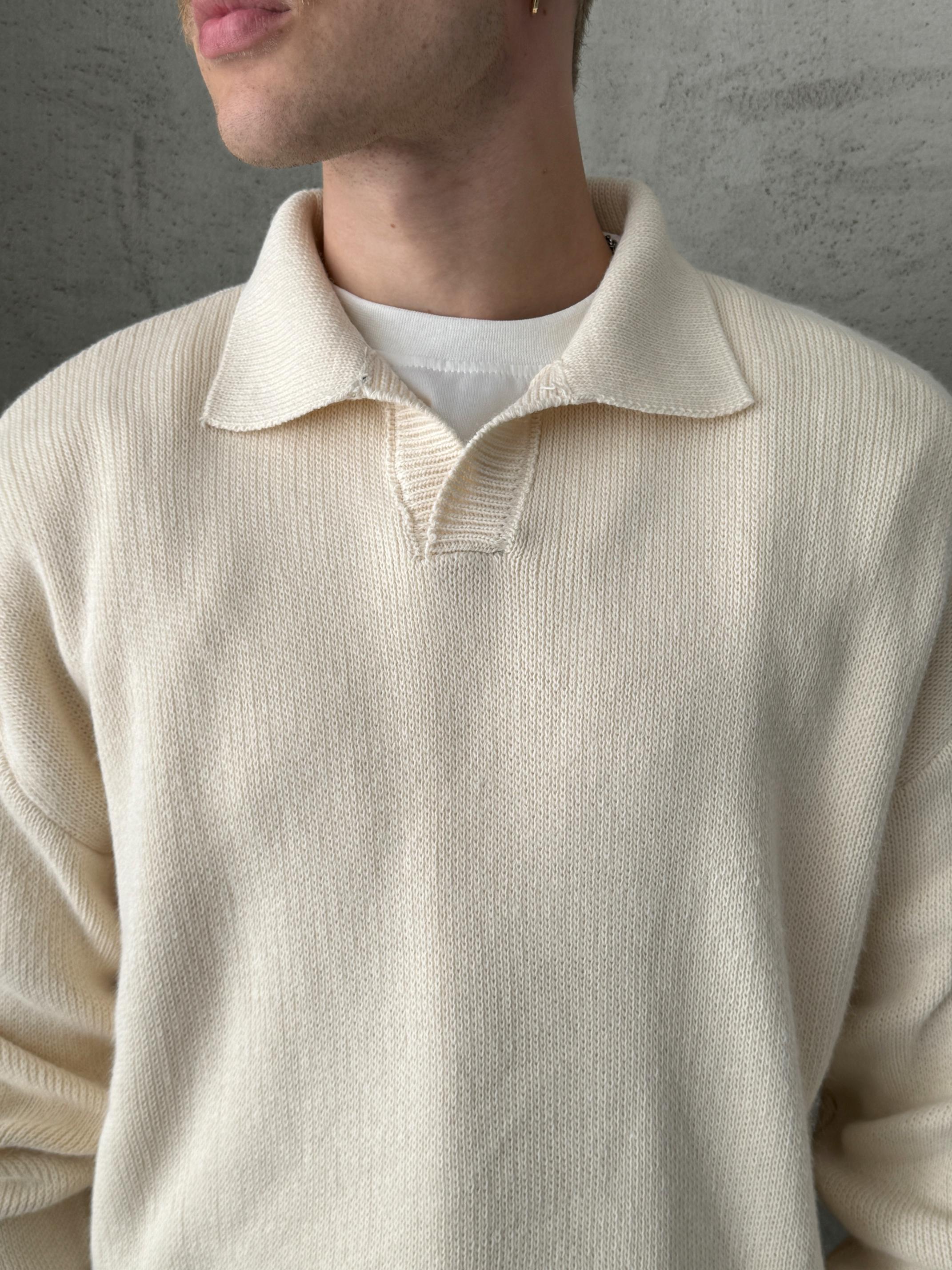 Erkek Polo Yaka Örme Oversize Kazak Krem