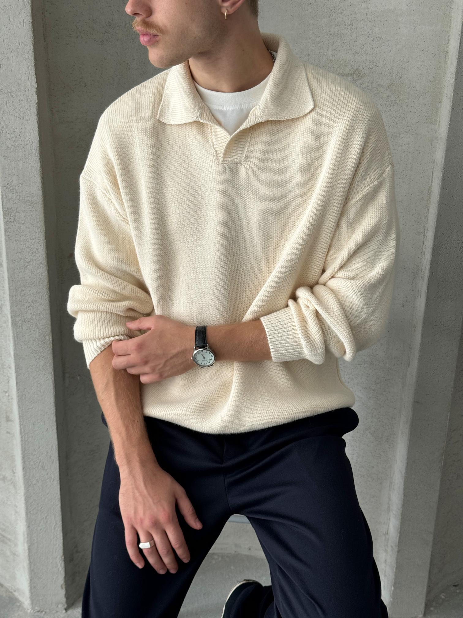 Erkek Polo Yaka Örme Oversize Kazak Krem