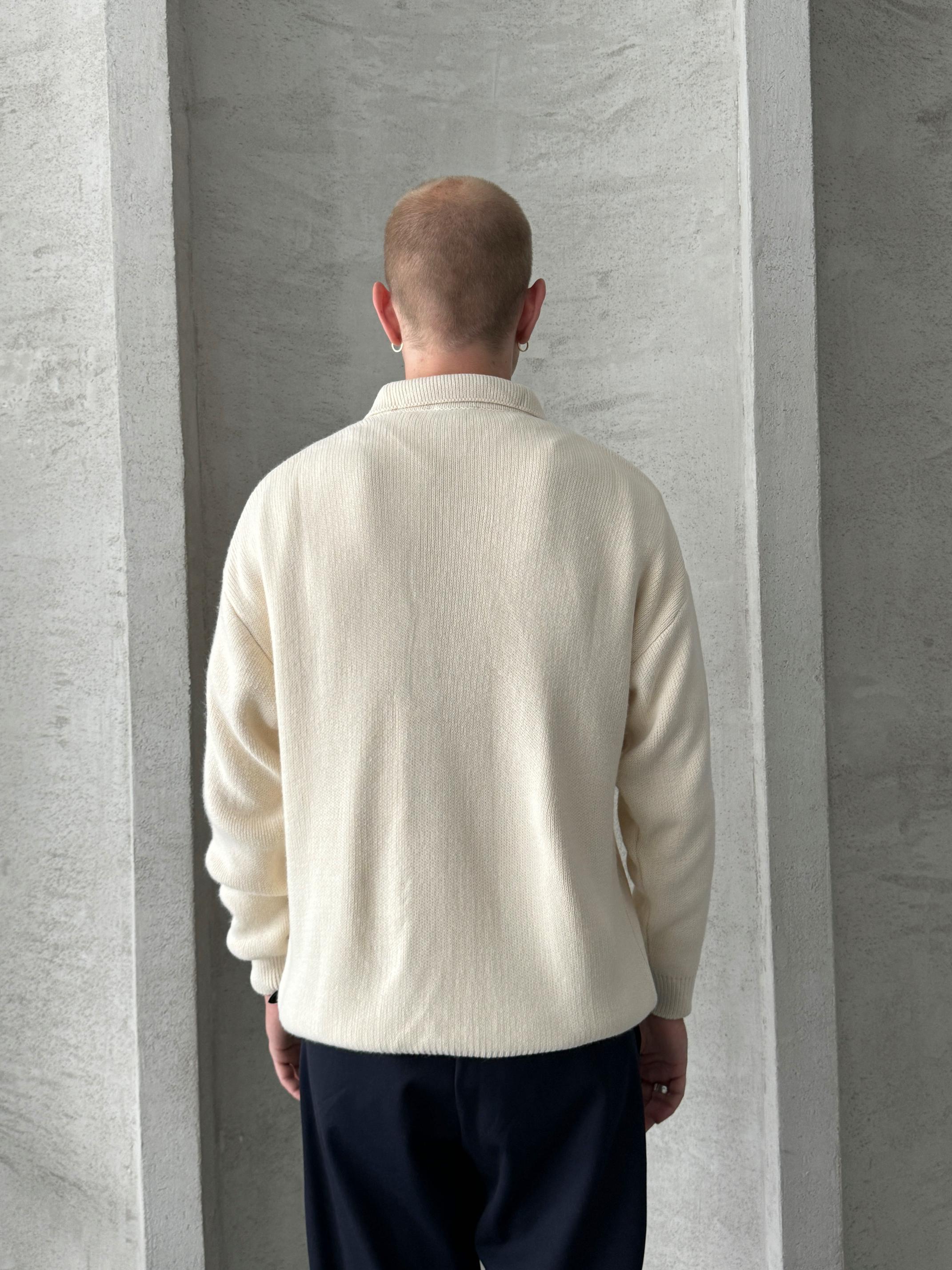 Erkek Polo Yaka Örme Oversize Kazak Krem