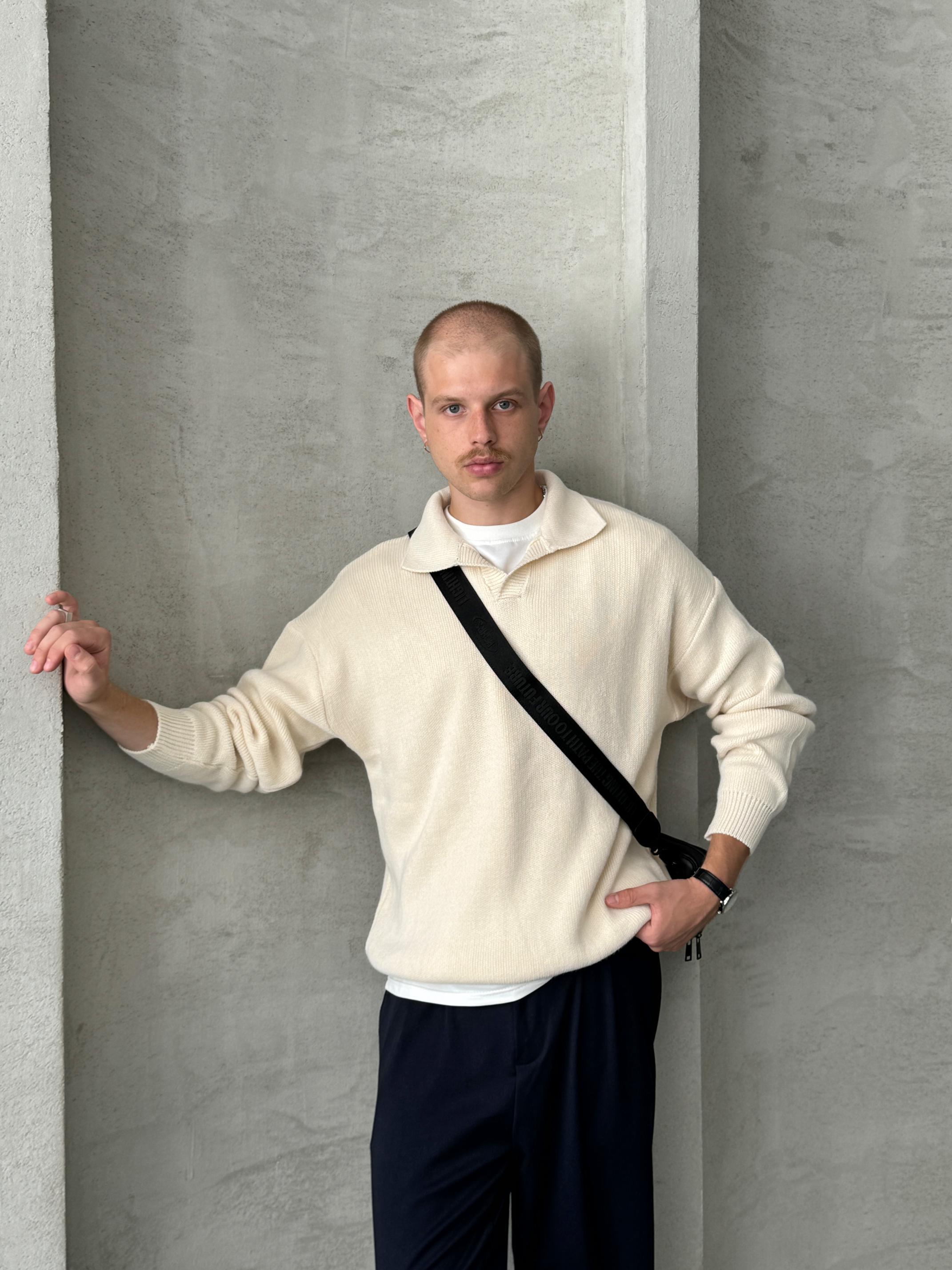 Erkek Polo Yaka Örme Oversize Kazak Krem