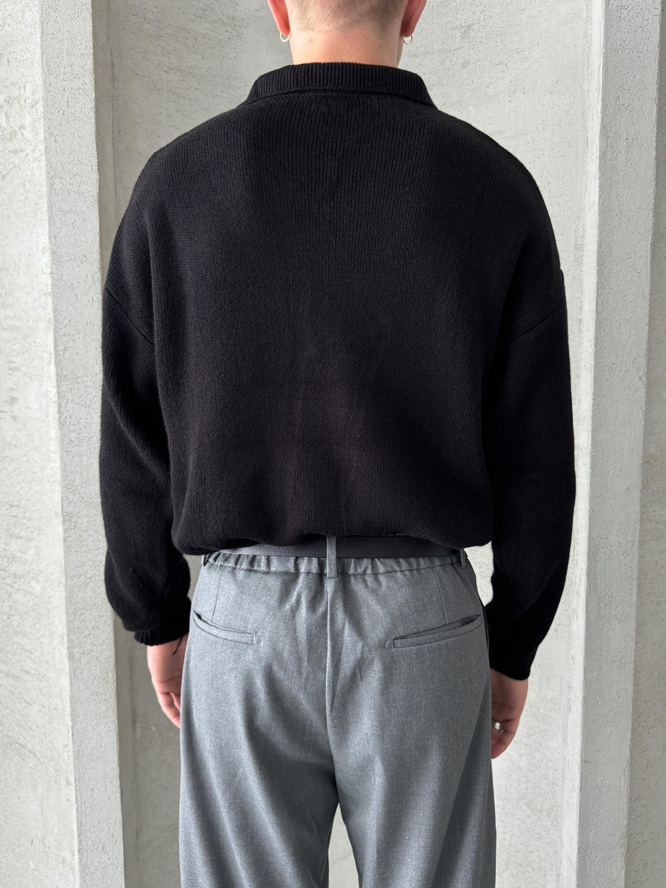 Erkek Polo Yaka Örme Oversize Kazak Siyah