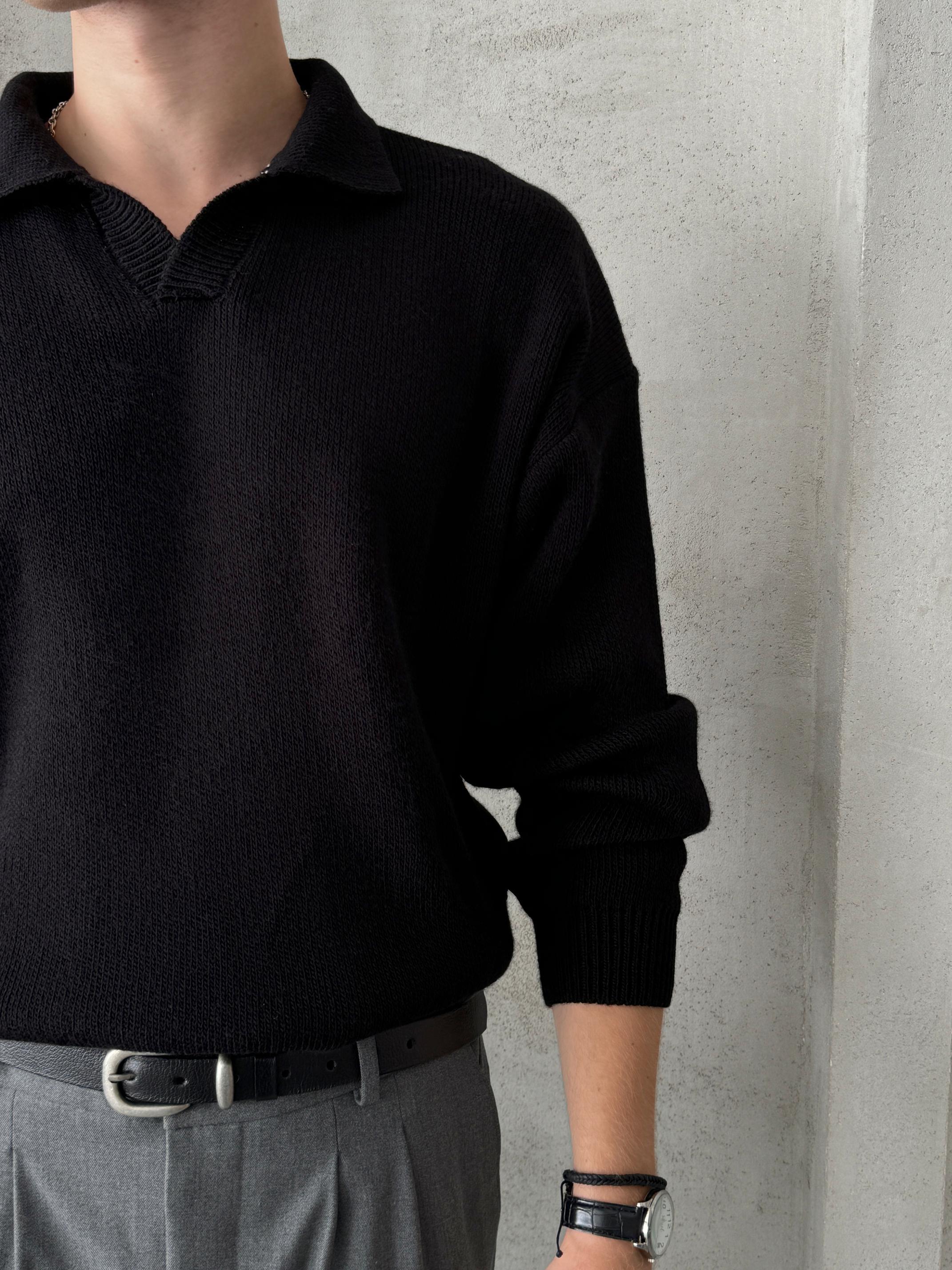 Erkek Polo Yaka Örme Oversize Kazak Siyah