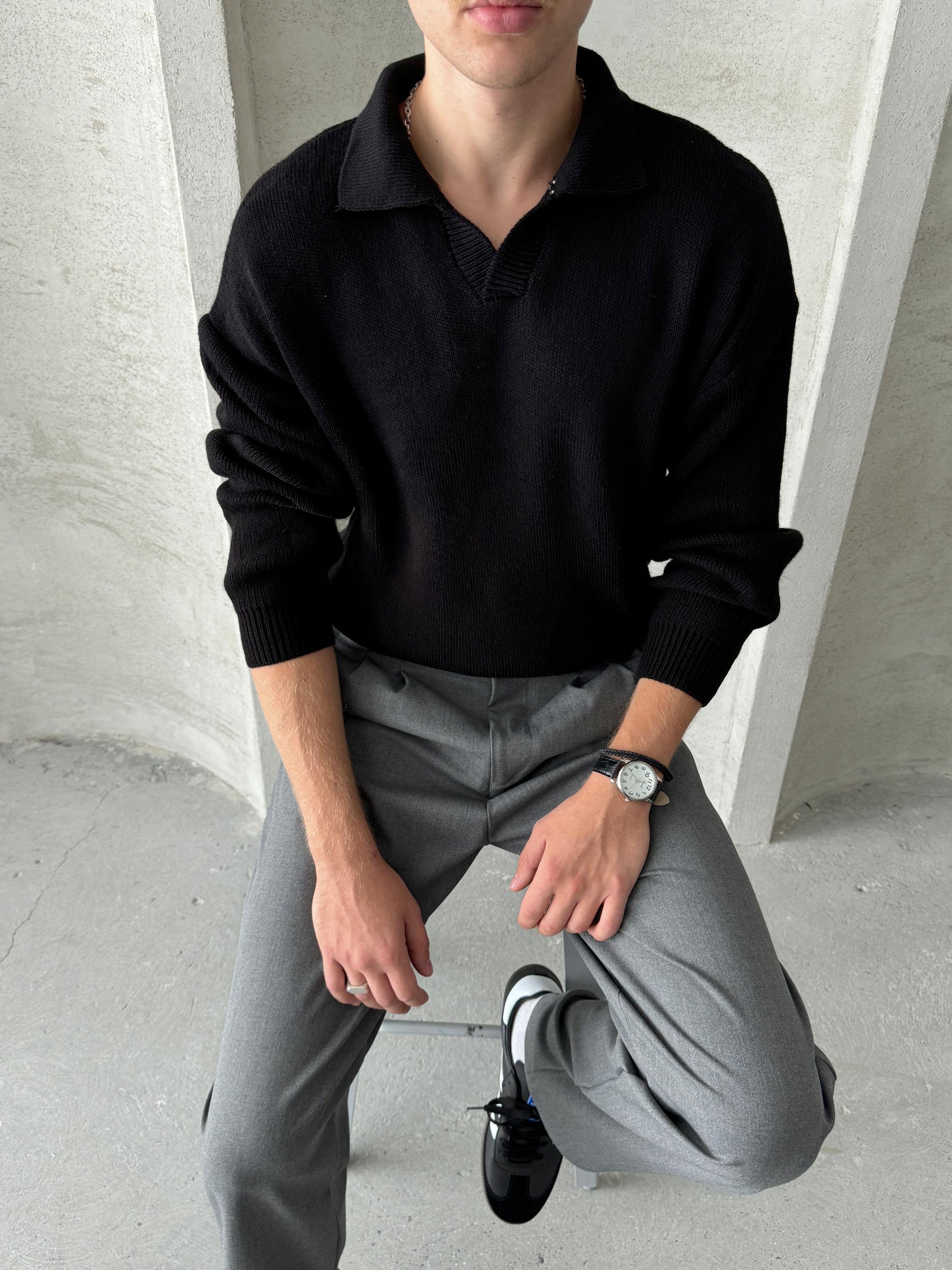 Erkek Polo Yaka Örme Oversize Kazak Siyah