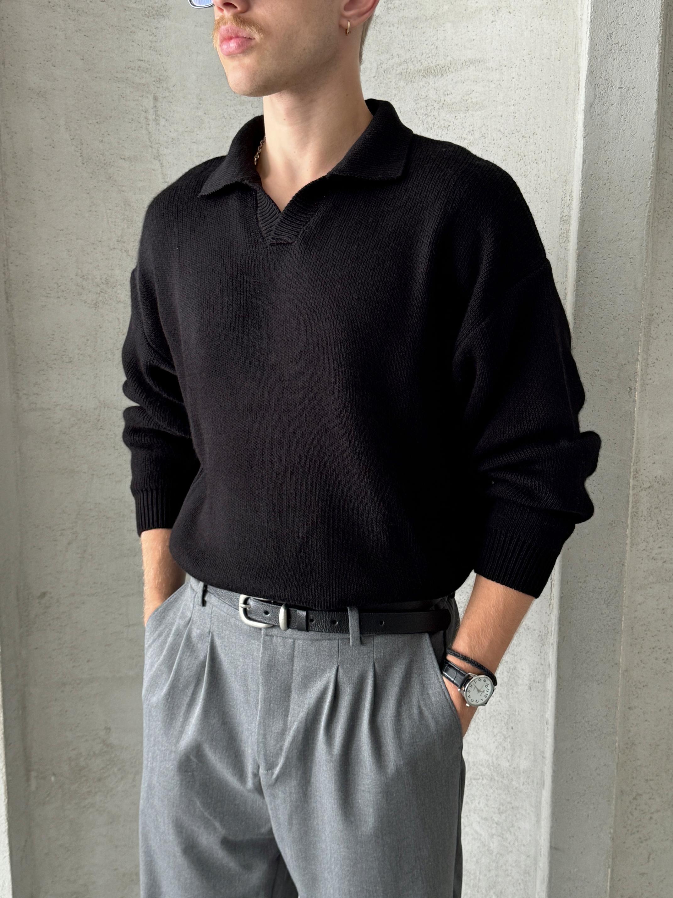 Erkek Polo Yaka Örme Oversize Kazak Siyah