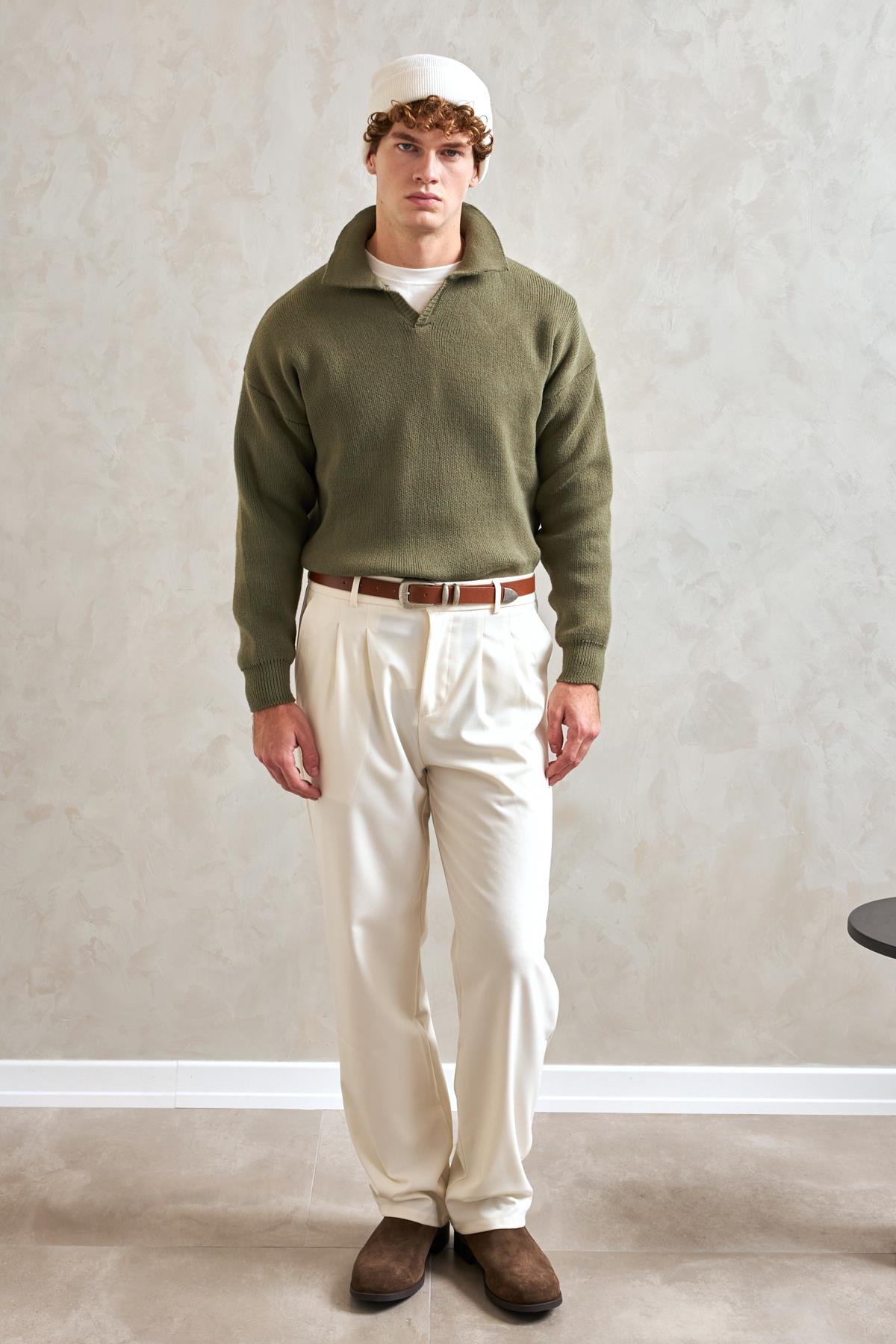 Erkek Polo Yaka Örme Oversize Kazak Yeşil