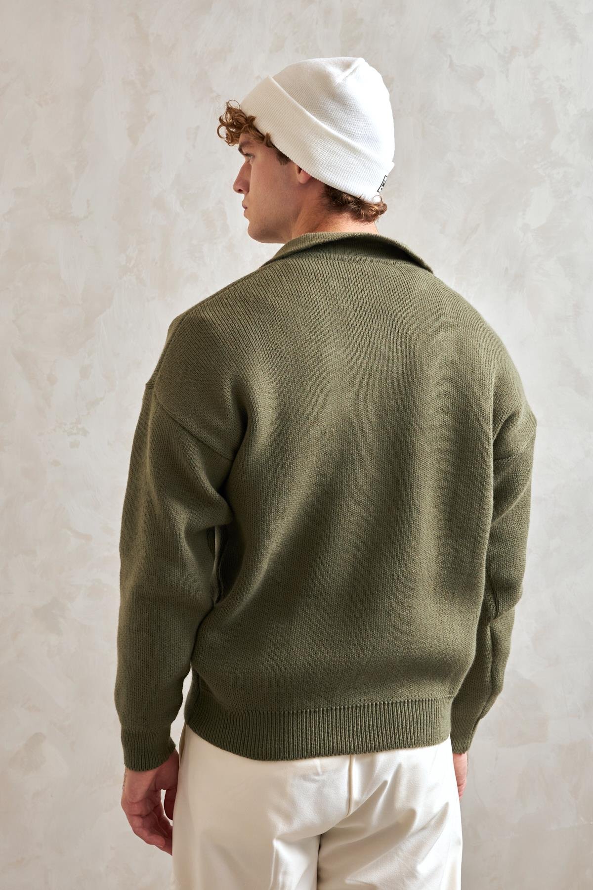 Erkek Polo Yaka Örme Oversize Kazak Yeşil