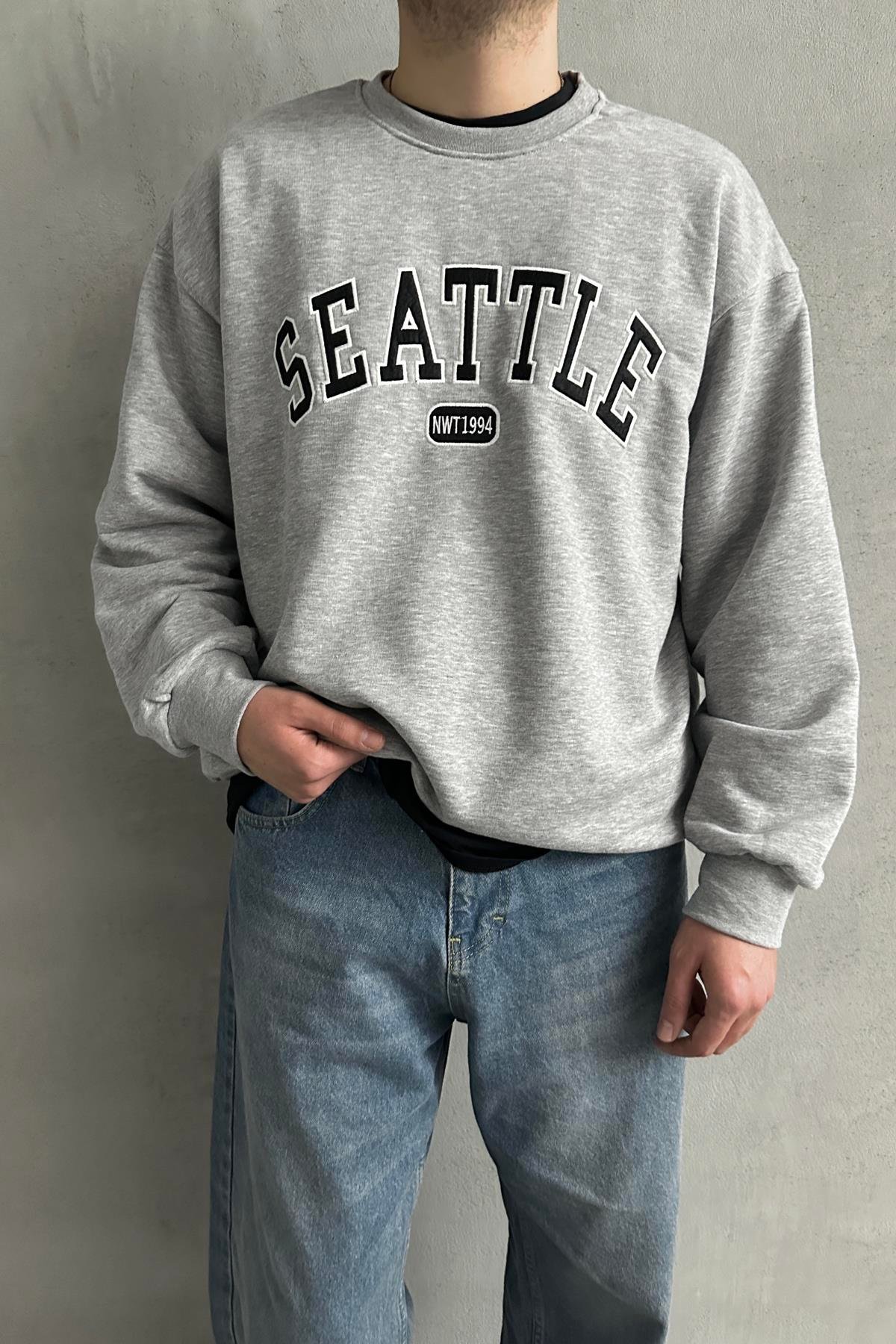 Erkek Seattle Baskılı Oversize Sweatshirt Gri