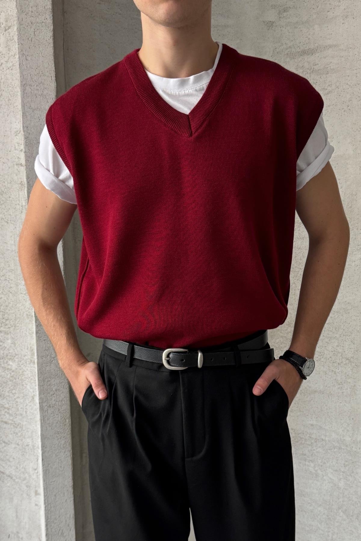 Erkek V Yaka Oversize Süveter Bordo