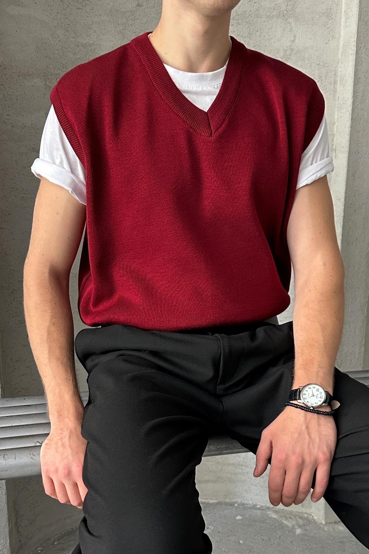 Erkek V Yaka Oversize Süveter Bordo