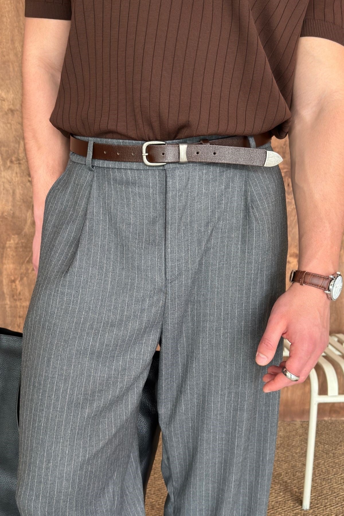 Erkek Vintage Ucu Metal Detaylı Deri Kemer Kahverengi