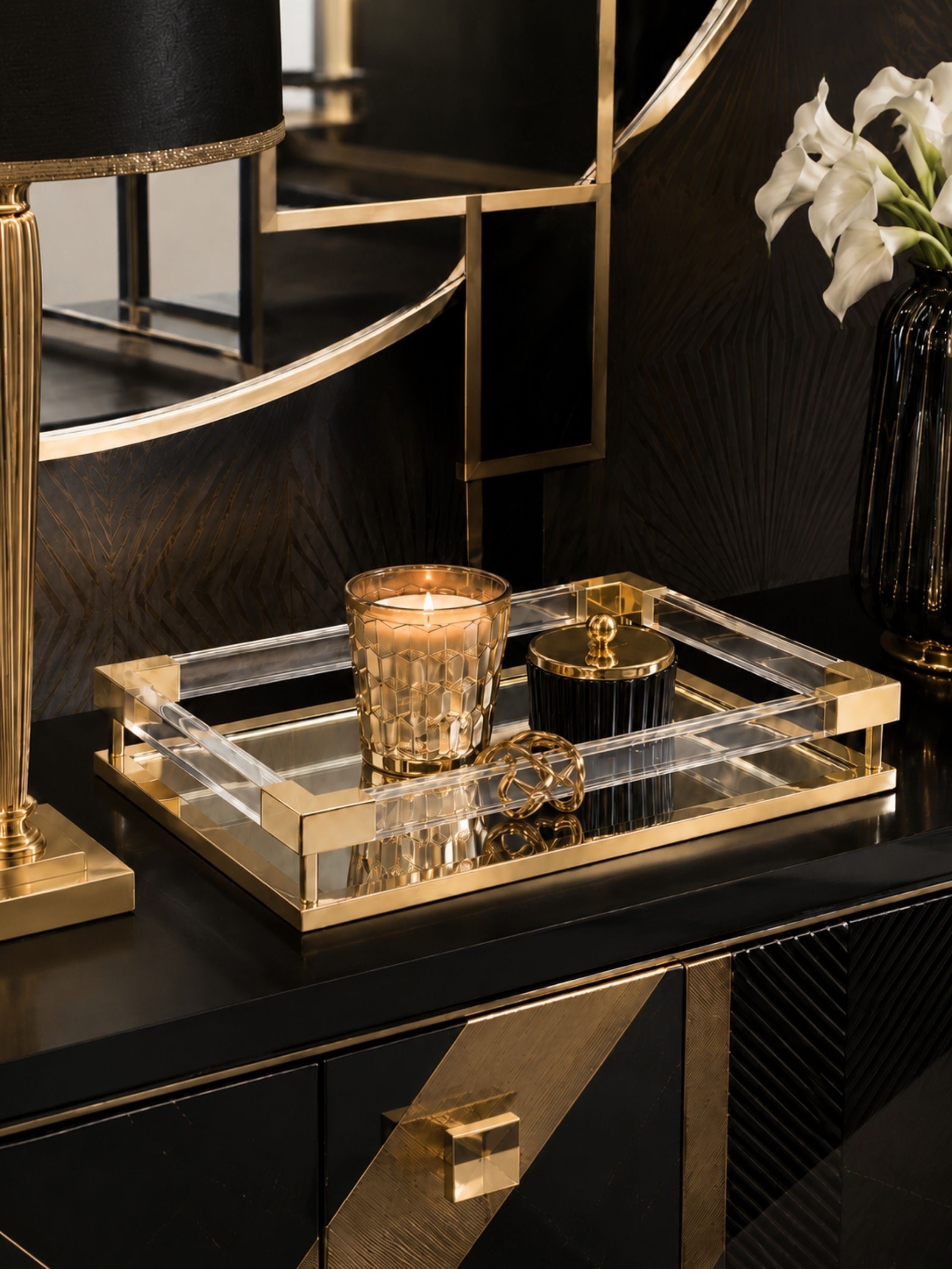 Squera Pirinç Detaylı Dekoratif Aynalı Tepsi