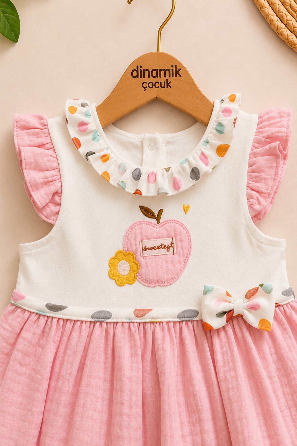 %100 Pamuk Bebe Yaka Elma Nakışlı Altı Müslin Yazlık Kız Bebek Elbise 3-6/6-9/9-12/12-18/18-24ay