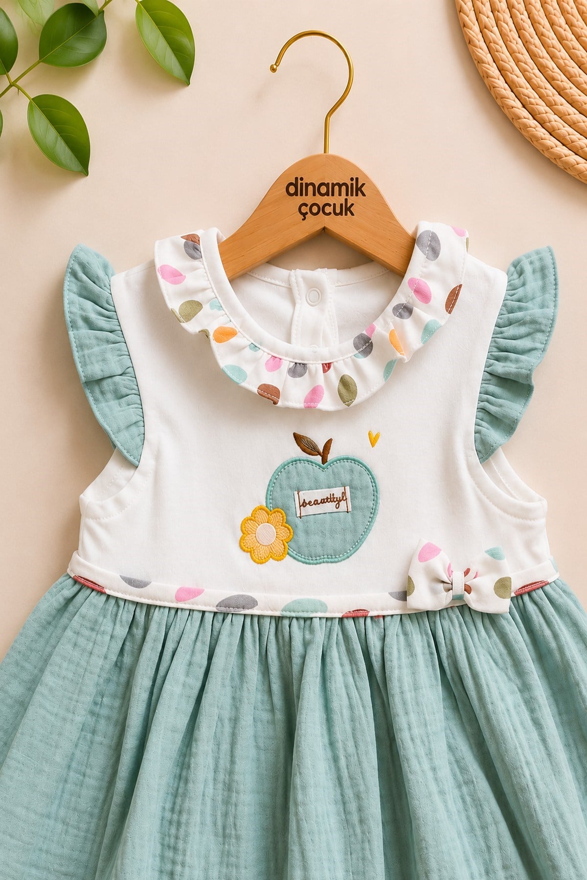 %100 Pamuk Bebe Yaka Elma Nakışlı Altı Müslin Yazlık Kız Bebek Elbise 3-6/6-9/9-12/12-18/18-24ay