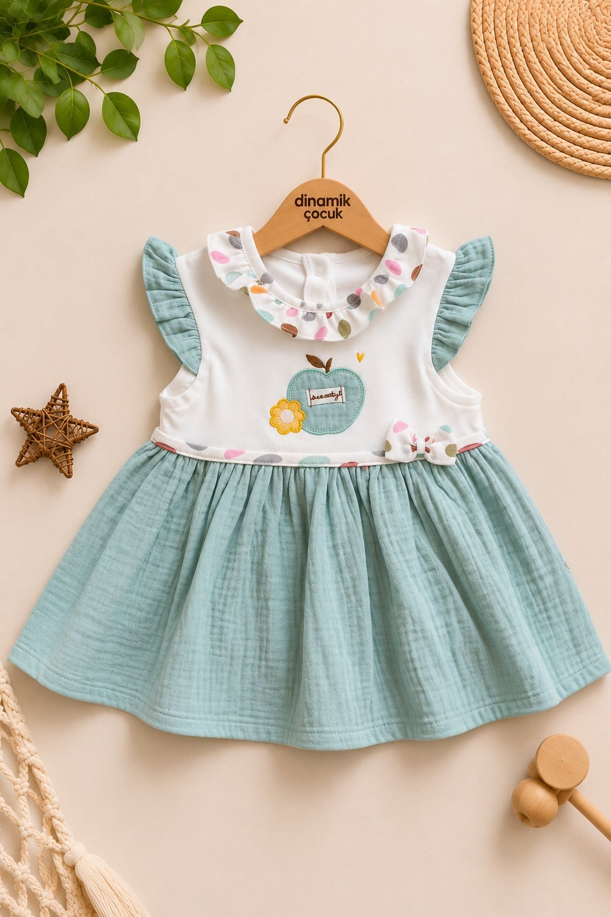 %100 Pamuk Bebe Yaka Elma Nakışlı Altı Müslin Yazlık Kız Bebek Elbise 3-6/6-9/9-12/12-18/18-24ay