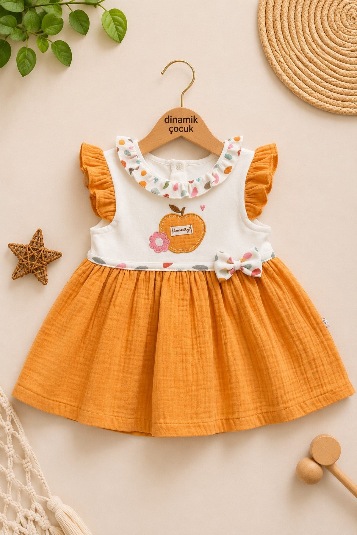 %100 Pamuk Bebe Yaka Elma Nakışlı Altı Müslin Yazlık Kız Bebek Elbise 3-6/6-9/9-12/12-18/18-24ay