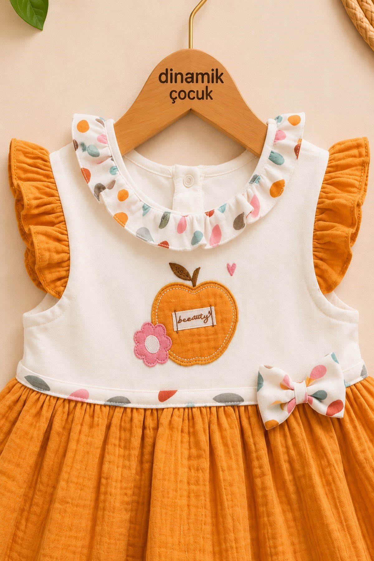 %100 Pamuk Bebe Yaka Elma Nakışlı Altı Müslin Yazlık Kız Bebek Elbise 3-6/6-9/9-12/12-18/18-24ay