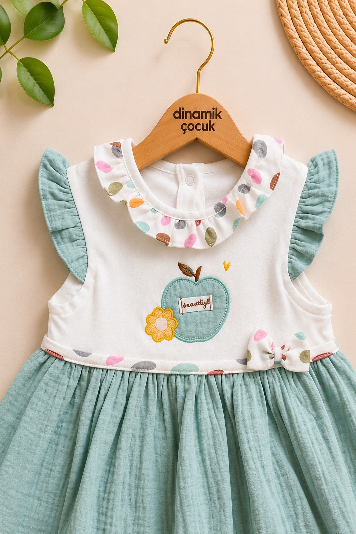 %100 Pamuk Bebe Yaka Elma Nakışlı Altı Müslin Yazlık Kız Bebek Elbise 3-6/6-9/9-12/12-18/18-24ay
