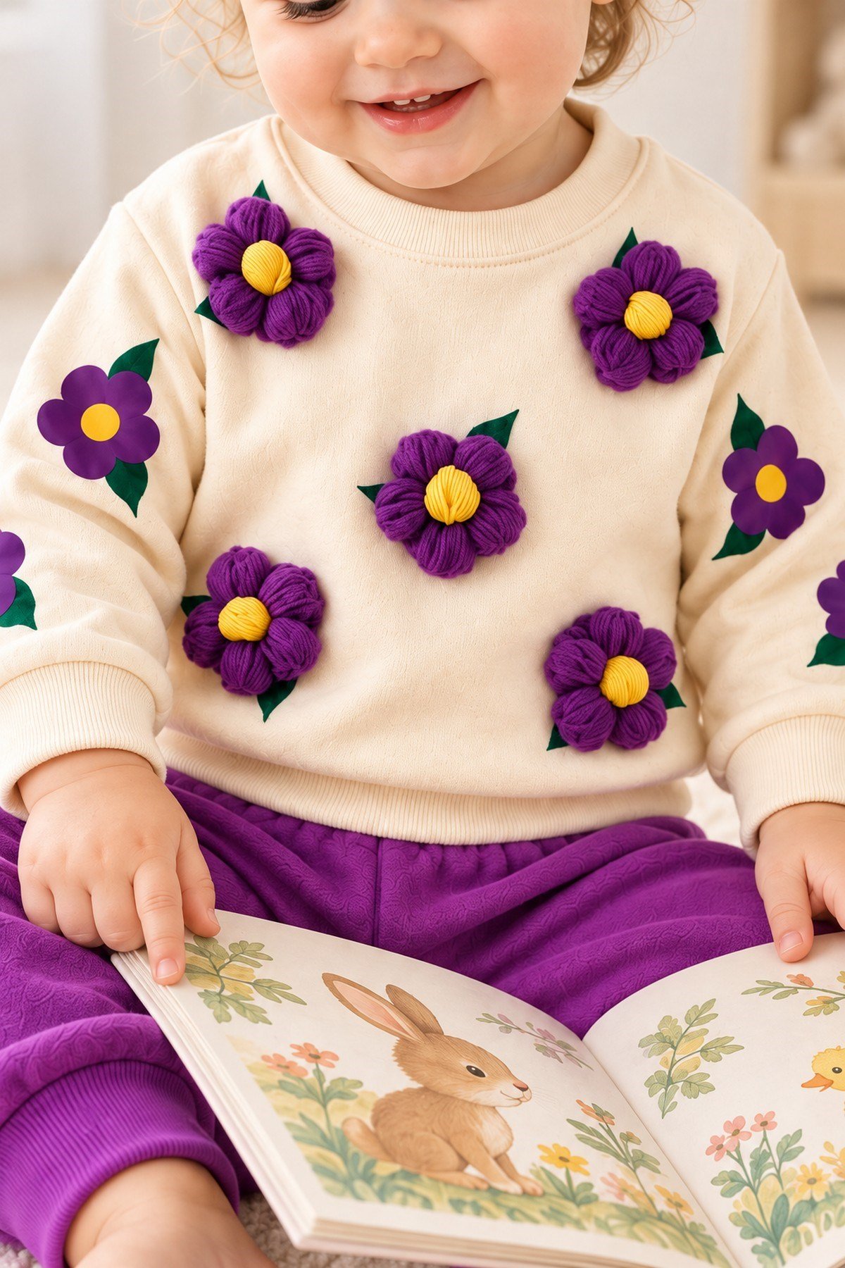 3 Boyutlu Çiçek Aplikeli Kız Bebek Sweatshirt ve Eşofman Altı 2'li Mevsimlik Takım 6-9-12-18aylık