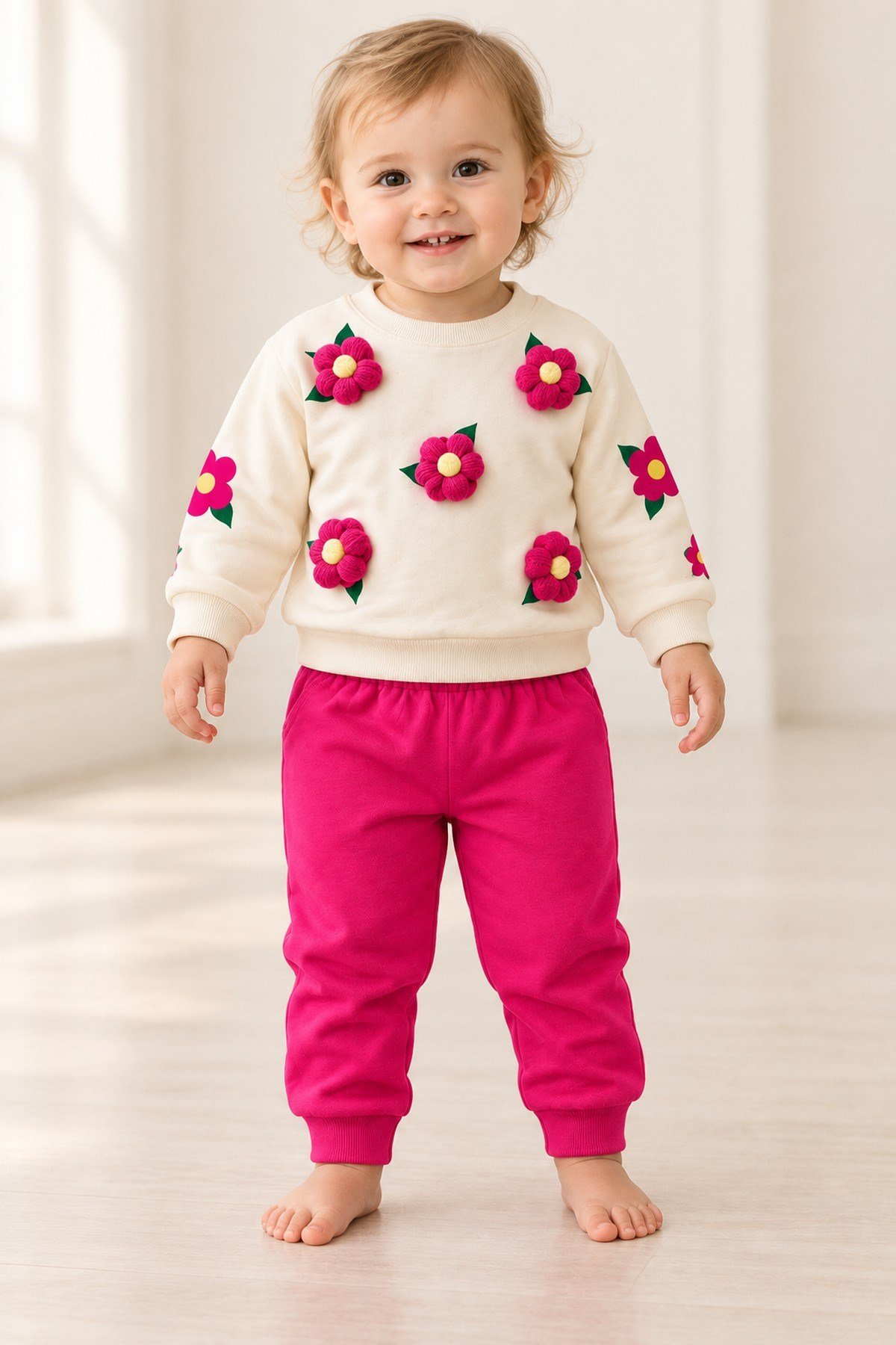 3 Boyutlu Çiçek Aplikeli Kız Bebek Sweatshirt ve Eşofman Altı 2'li Mevsimlik Takım 6-9-12-18aylık