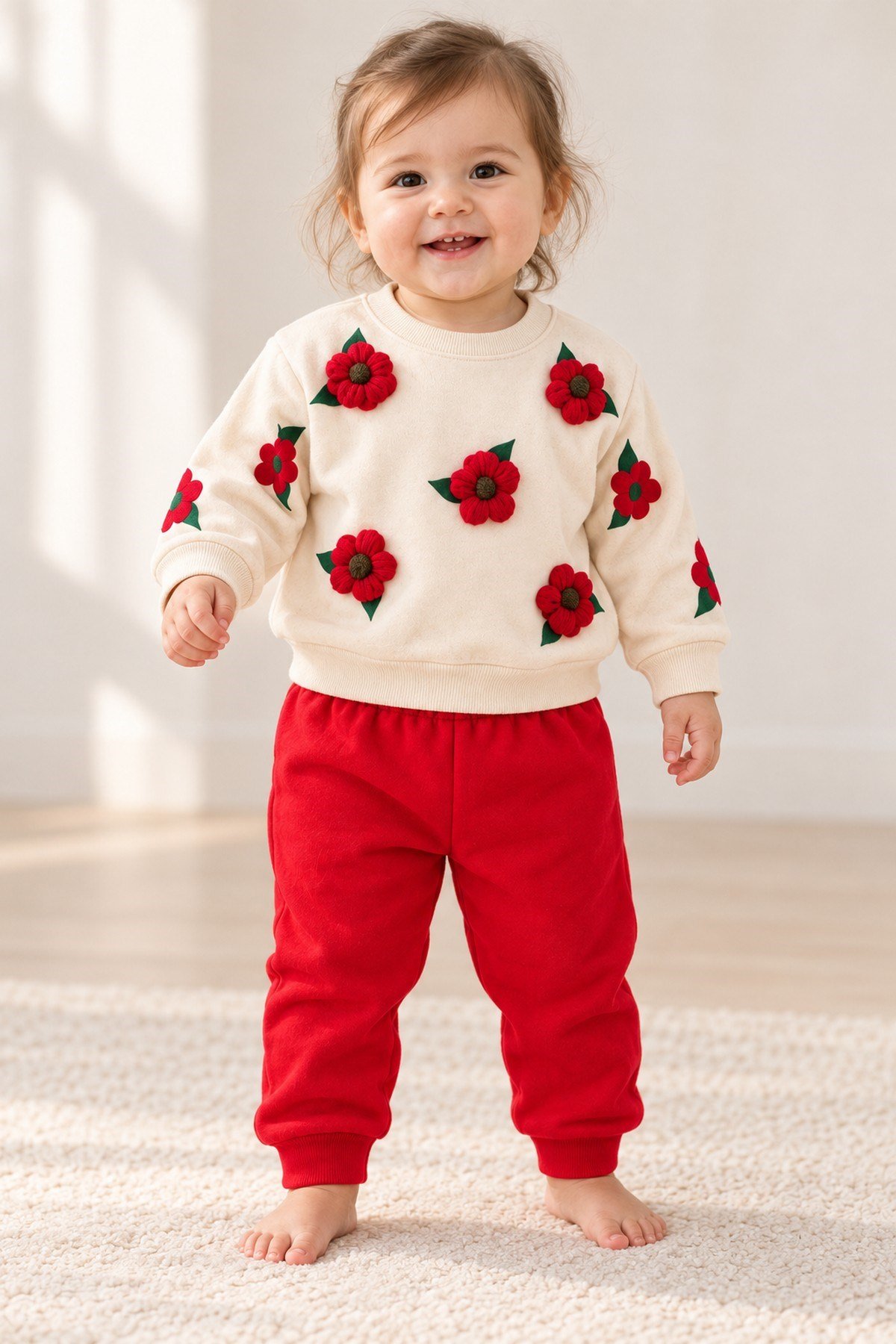 3 Boyutlu Çiçek Aplikeli Kız Bebek Sweatshirt ve Eşofman Altı 2'li Mevsimlik Takım 6-9-12-18aylık