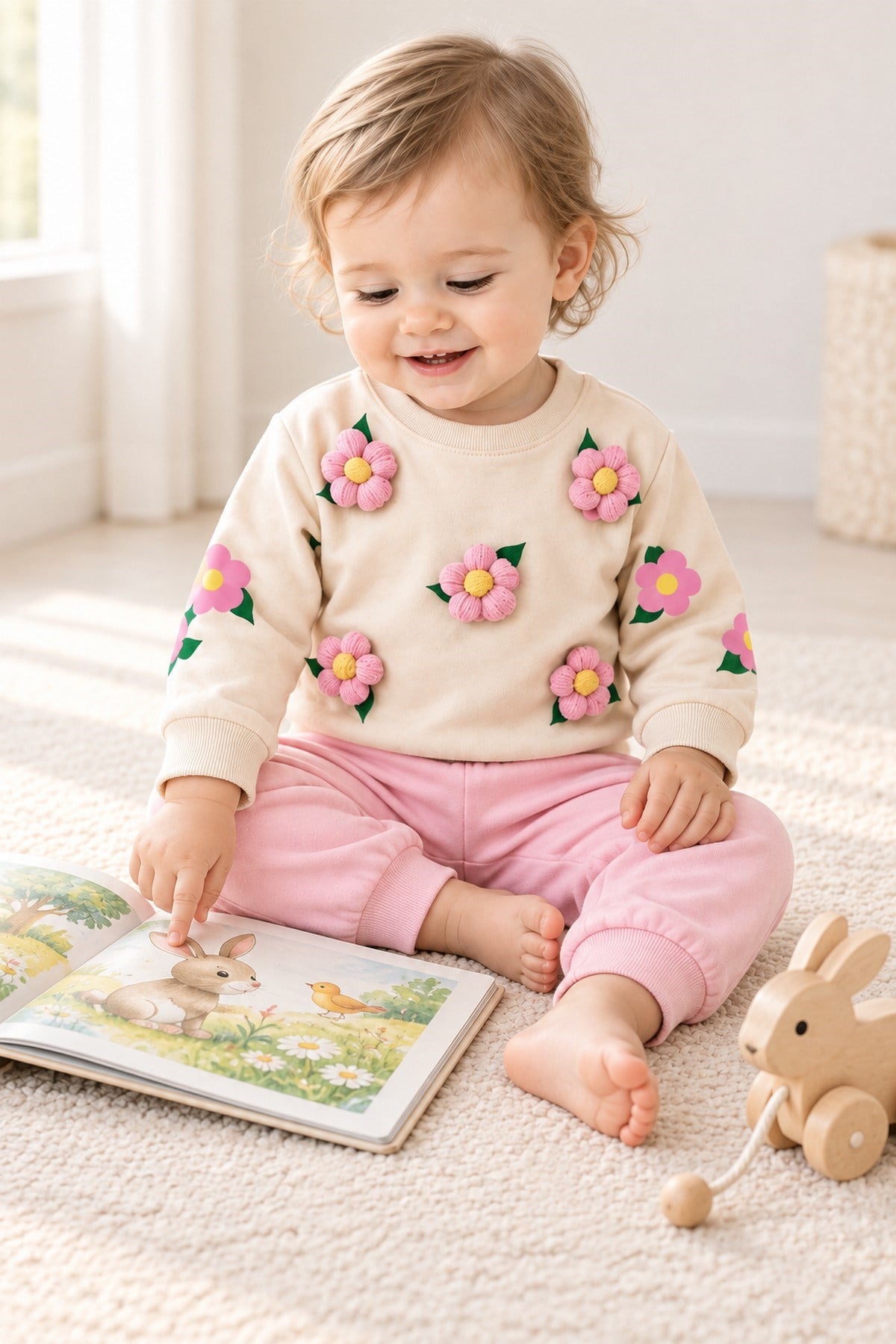 3 Boyutlu Çiçek Aplikeli Kız Bebek Sweatshirt ve Eşofman Altı 2'li Mevsimlik Takım 6-9-12-18aylık