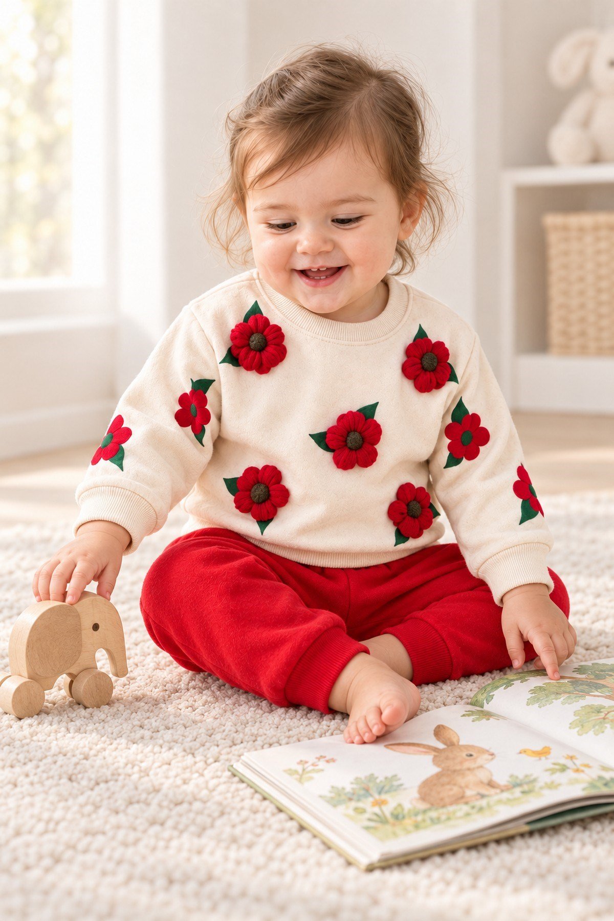 3 Boyutlu Çiçek Aplikeli Kız Bebek Sweatshirt ve Eşofman Altı 2'li Mevsimlik Takım 6-9-12-18aylık