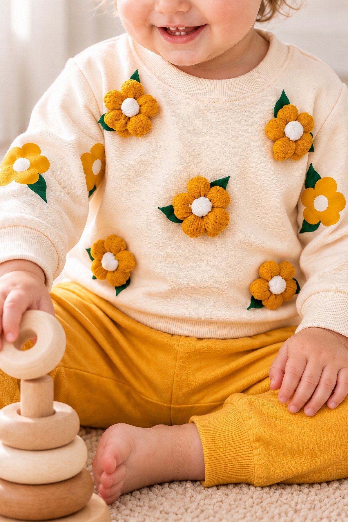 3 Boyutlu Çiçek Aplikeli Kız Bebek Sweatshirt ve Eşofman Altı 2'li Mevsimlik Takım 6-9-12-18aylık