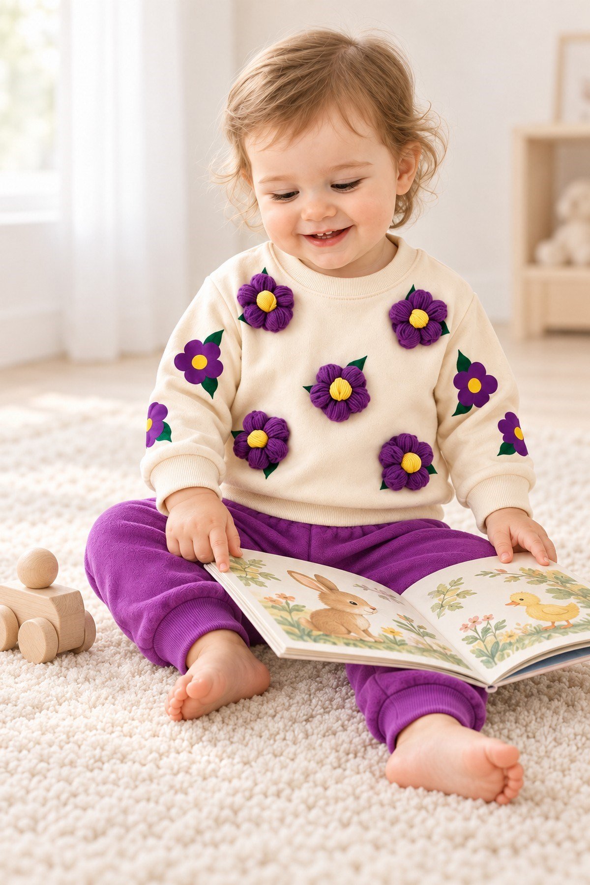 3 Boyutlu Çiçek Aplikeli Kız Bebek Sweatshirt ve Eşofman Altı 2'li Mevsimlik Takım 6-9-12-18aylık