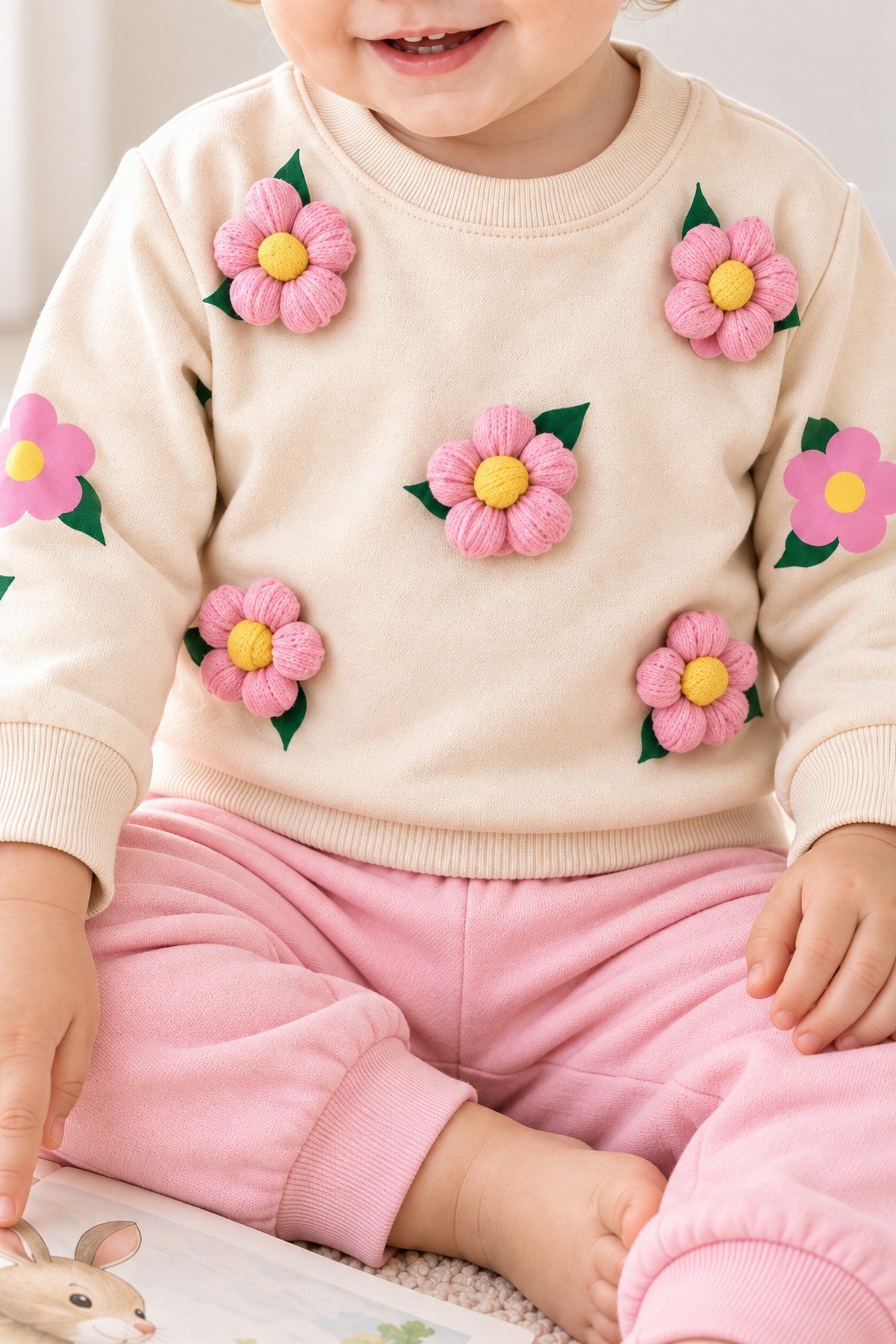 3 Boyutlu Çiçek Aplikeli Kız Bebek Sweatshirt ve Eşofman Altı 2'li Mevsimlik Takım 6-9-12-18aylık