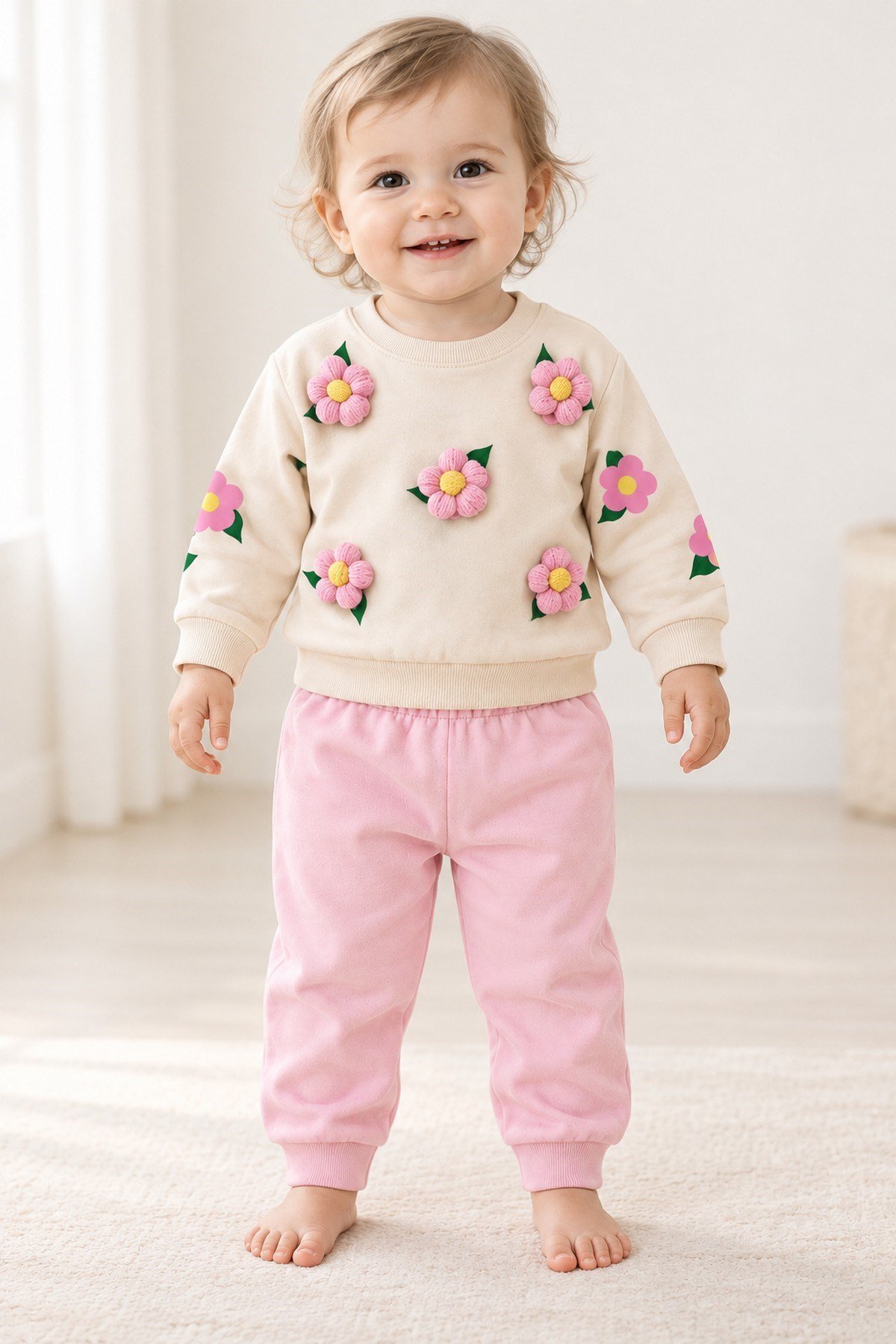 3 Boyutlu Çiçek Aplikeli Kız Bebek Sweatshirt ve Eşofman Altı 2'li Mevsimlik Takım 6-9-12-18aylık