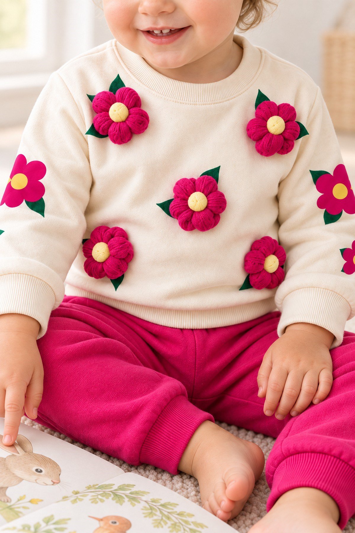 3 Boyutlu Çiçek Aplikeli Kız Bebek Sweatshirt ve Eşofman Altı 2'li Mevsimlik Takım 6-9-12-18aylık