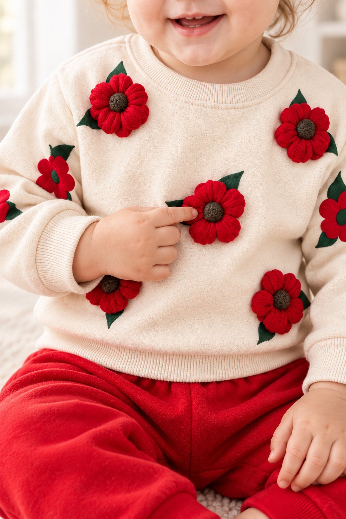 3 Boyutlu Çiçek Aplikeli Kız Bebek Sweatshirt ve Eşofman Altı 2'li Mevsimlik Takım 6-9-12-18aylık