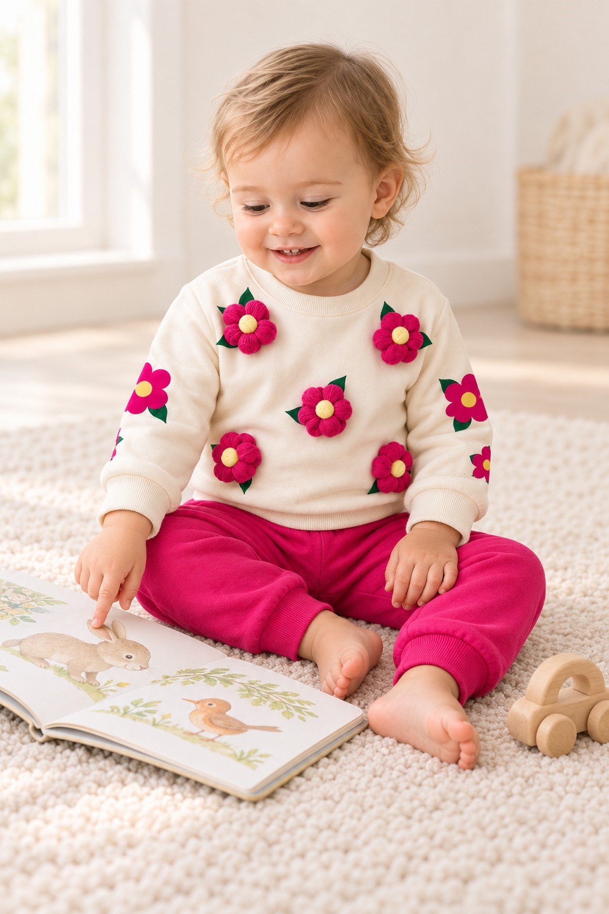 3 Boyutlu Çiçek Aplikeli Kız Bebek Sweatshirt ve Eşofman Altı 2'li Mevsimlik Takım 6-9-12-18aylık