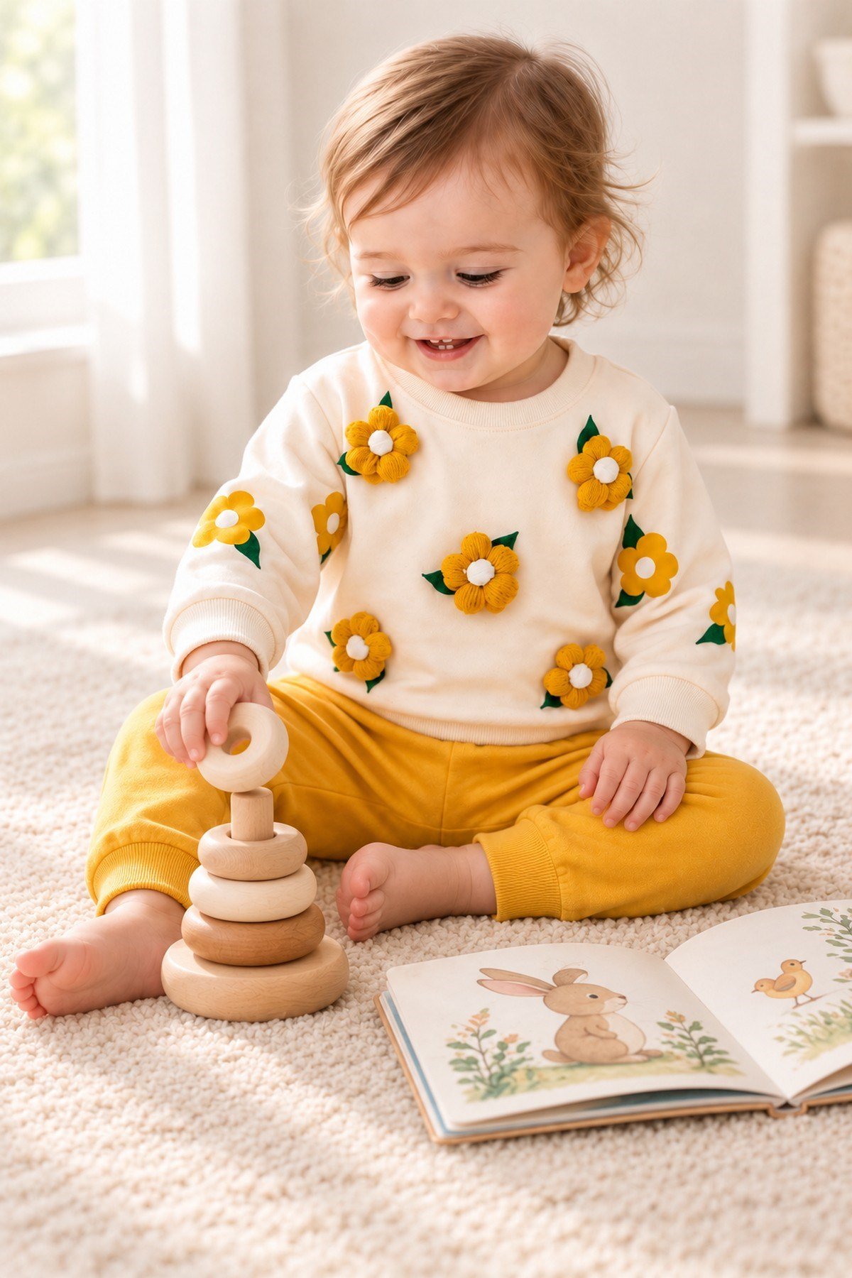3 Boyutlu Çiçek Aplikeli Kız Bebek Sweatshirt ve Eşofman Altı 2'li Mevsimlik Takım 6-9-12-18aylık