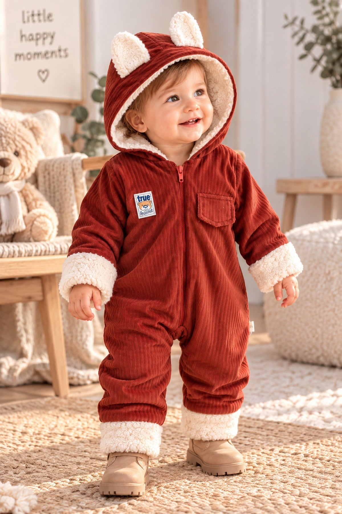 Bebek Tulum Ayıcık Kulaklı İçi Welsoft Astarlı Kapüşonlu Fermuarlı Kışlık Peluş Detaylı 6-24ay