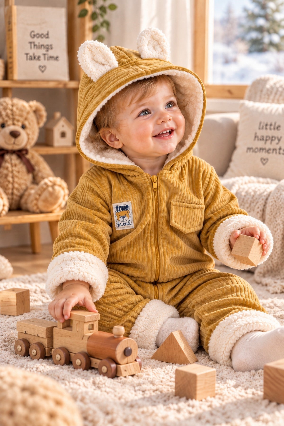 Bebek Tulum Ayıcık Kulaklı İçi Welsoft Astarlı Kapüşonlu Fermuarlı Kışlık Peluş Detaylı 6-24ay