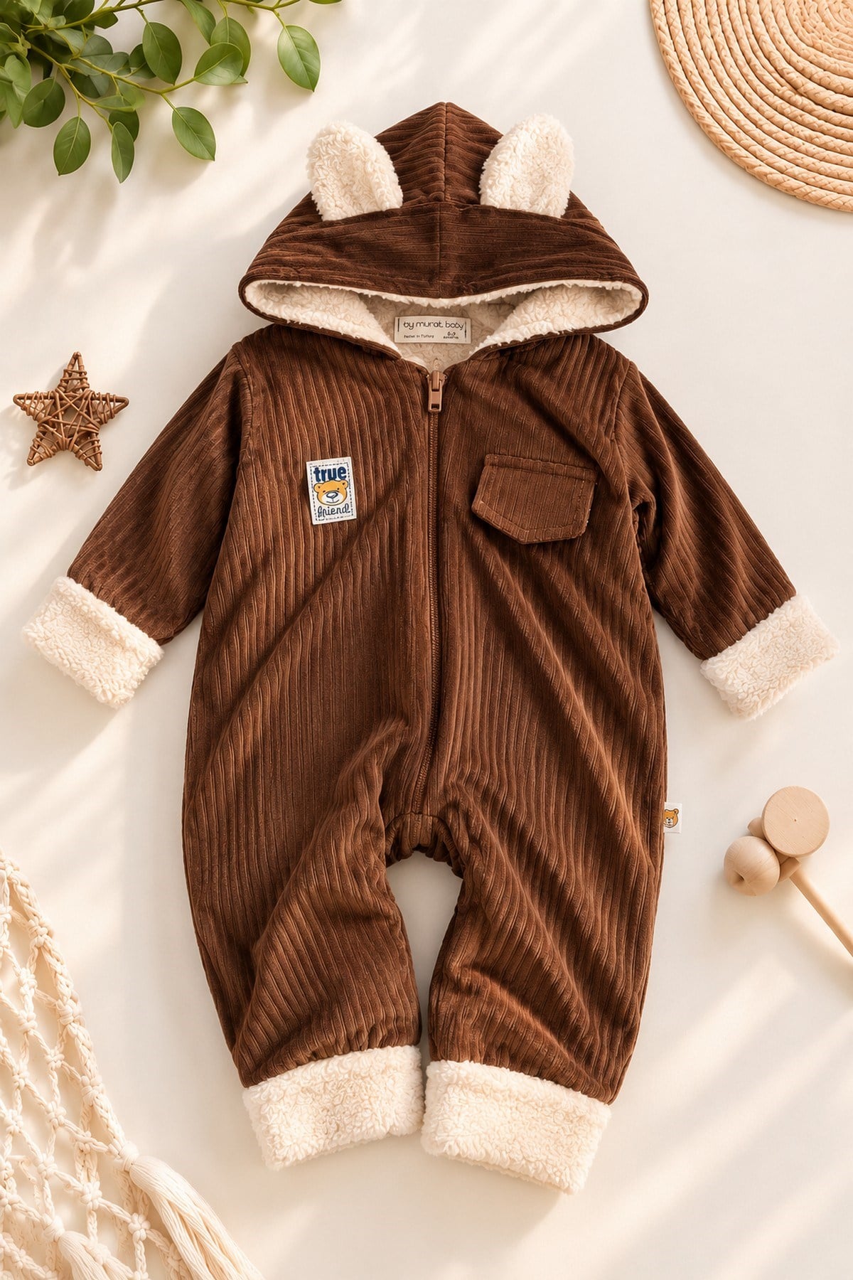Bebek Tulum Ayıcık Kulaklı İçi Welsoft Astarlı Kapüşonlu Fermuarlı Kışlık Peluş Detaylı 6-24ay