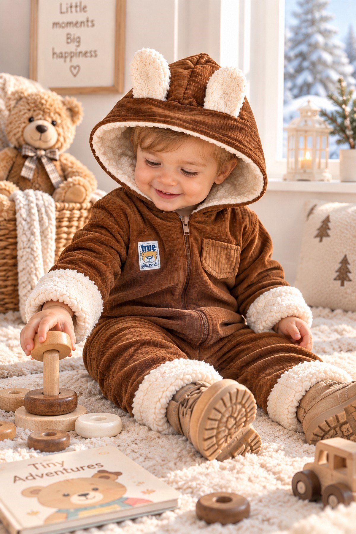 Bebek Tulum Ayıcık Kulaklı İçi Welsoft Astarlı Kapüşonlu Fermuarlı Kışlık Peluş Detaylı 6-24ay