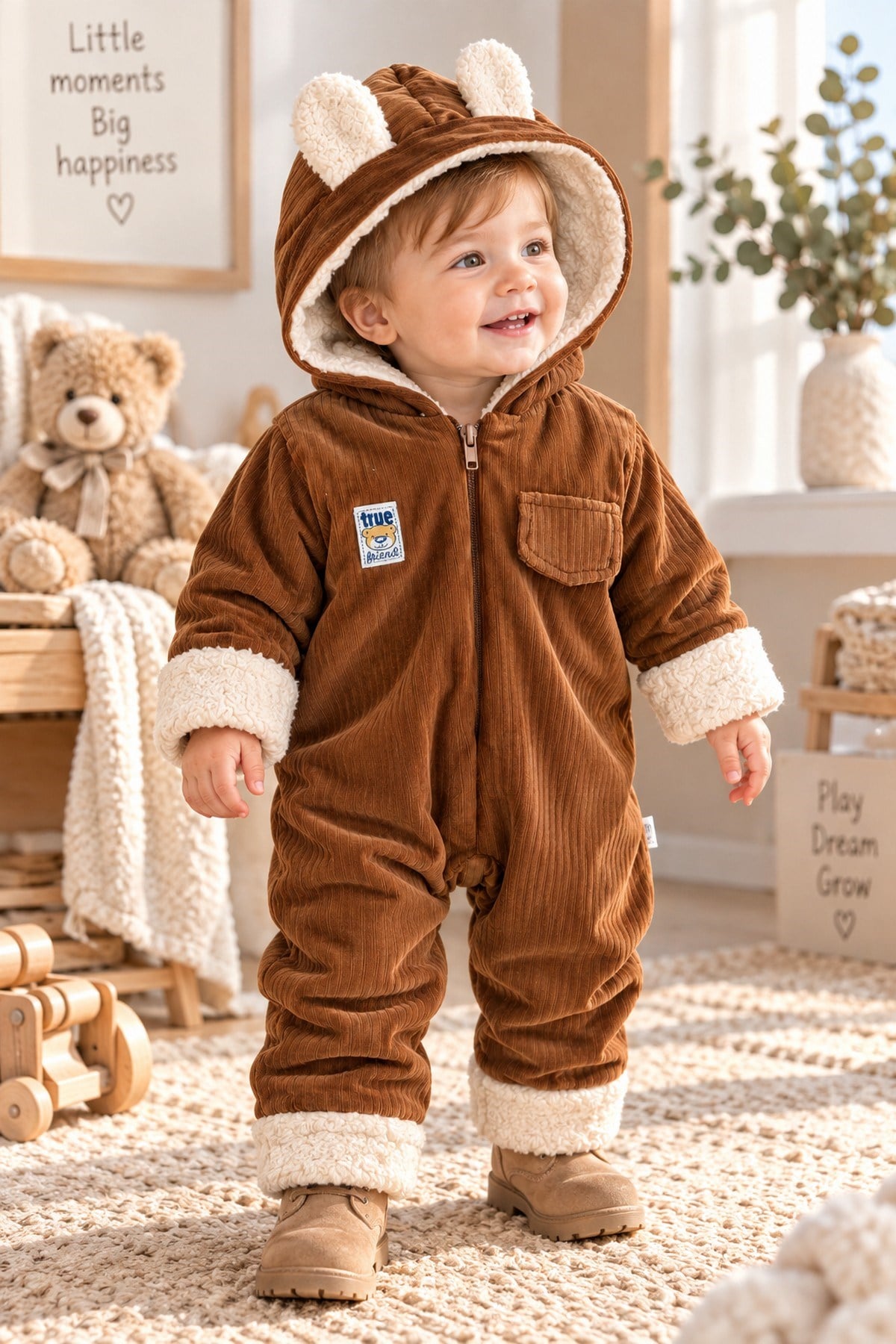 Bebek Tulum Ayıcık Kulaklı İçi Welsoft Astarlı Kapüşonlu Fermuarlı Kışlık Peluş Detaylı 6-24ay
