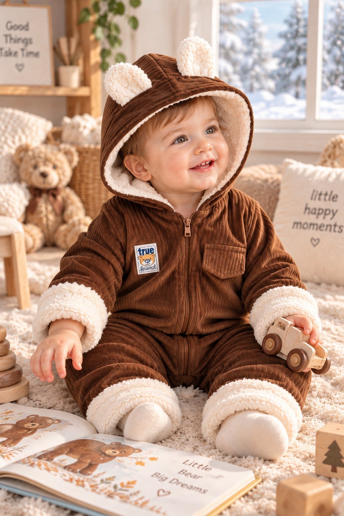 Bebek Tulum Ayıcık Kulaklı İçi Welsoft Astarlı Kapüşonlu Fermuarlı Kışlık Peluş Detaylı 6-24ay