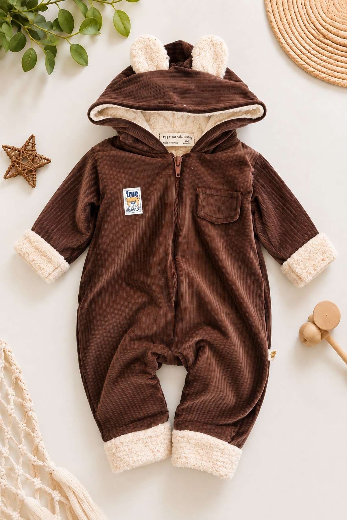 Bebek Tulum Ayıcık Kulaklı İçi Welsoft Astarlı Kapüşonlu Fermuarlı Kışlık Peluş Detaylı 6-24ay