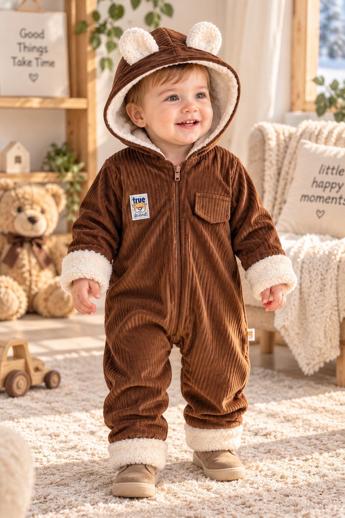 Bebek Tulum Ayıcık Kulaklı İçi Welsoft Astarlı Kapüşonlu Fermuarlı Kışlık Peluş Detaylı 6-24ay